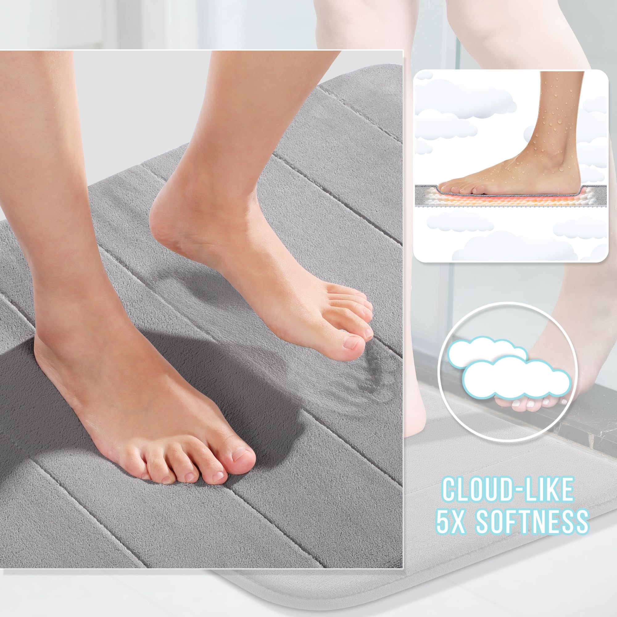 Yimobra Memory Foam Bath Mat Set  2 Piece Soft Rugs 17x24 and 24x20.4 U-Shaped  Toilet rug  Water Absorption  Non Slip  Thick  Dry Fast for Bathroom Floor Mat  Grey