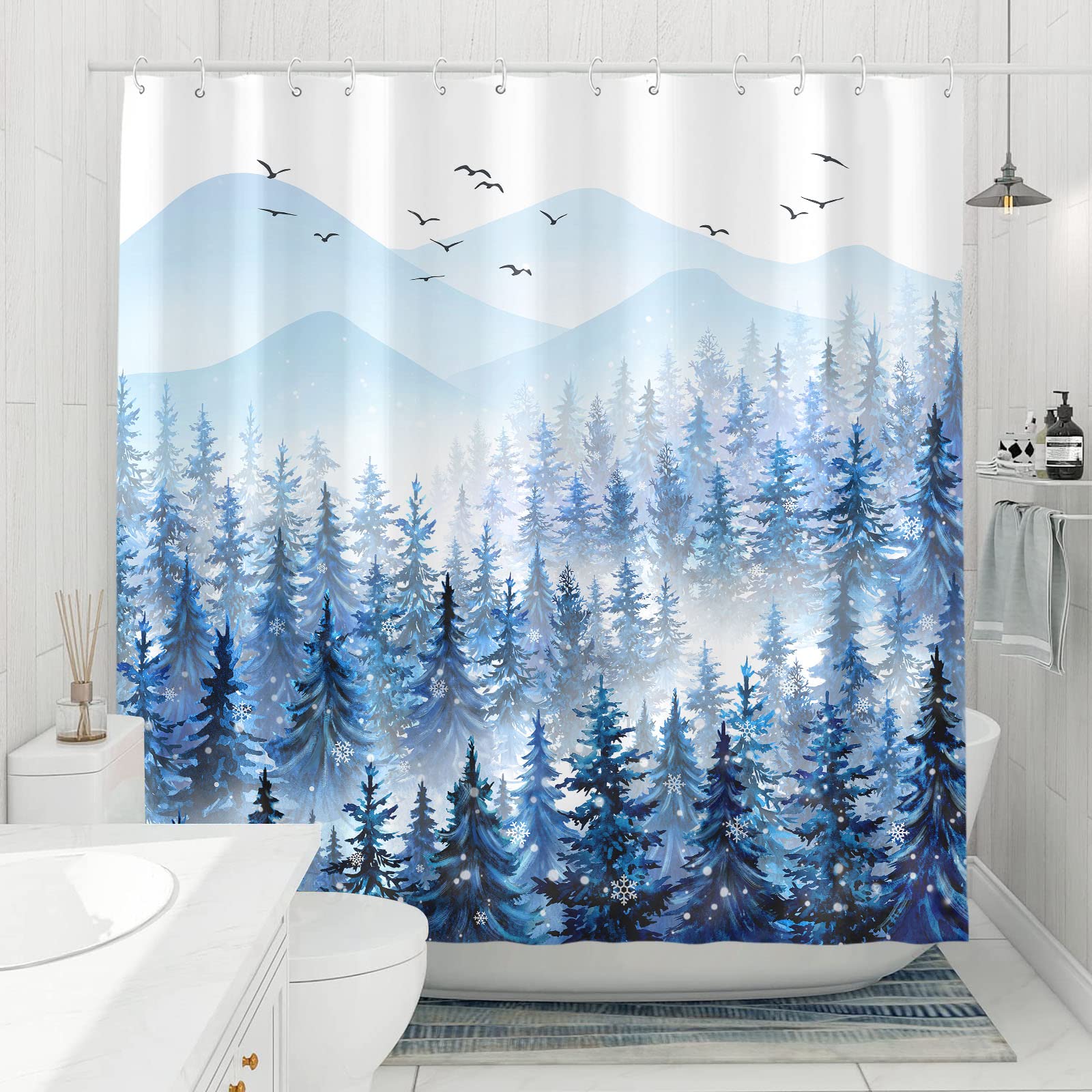 Accnicc Christmas Shower Curtain Set Winter Misty Forest Waterproof Fabric Shower Curtains for Bathroom Blue White Nature Snowflake Xmas Tree Mountain Bath Curtain Decor (Ice Blue  72''