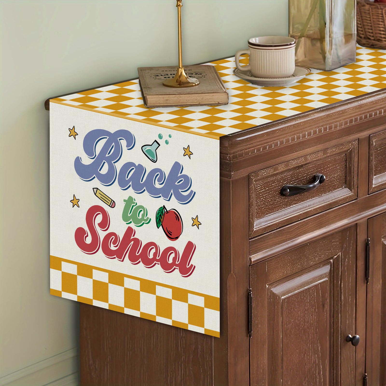 Back To School Table Runner Books Pencil Bufflo Plaid Table Runners Students First Day Of School Classroom Kitchen Dining Table