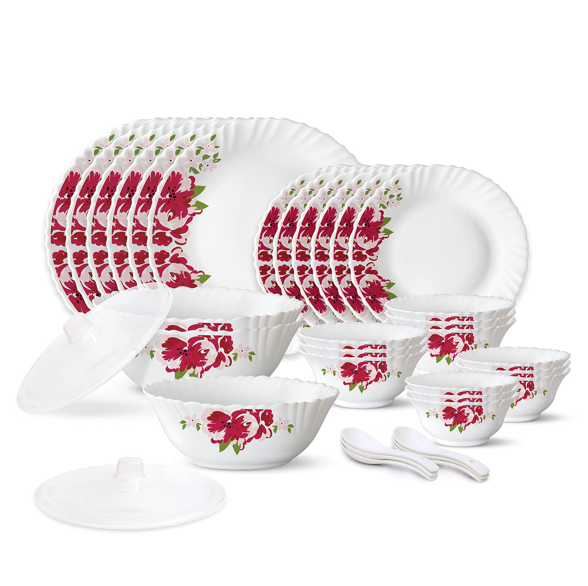 Borosil Gourmet Dinnerware Set For 6, 35 Pieces, White Dinner Plates and Bowls , Chip Resistant Tempered Opal Glass, Stain Resis