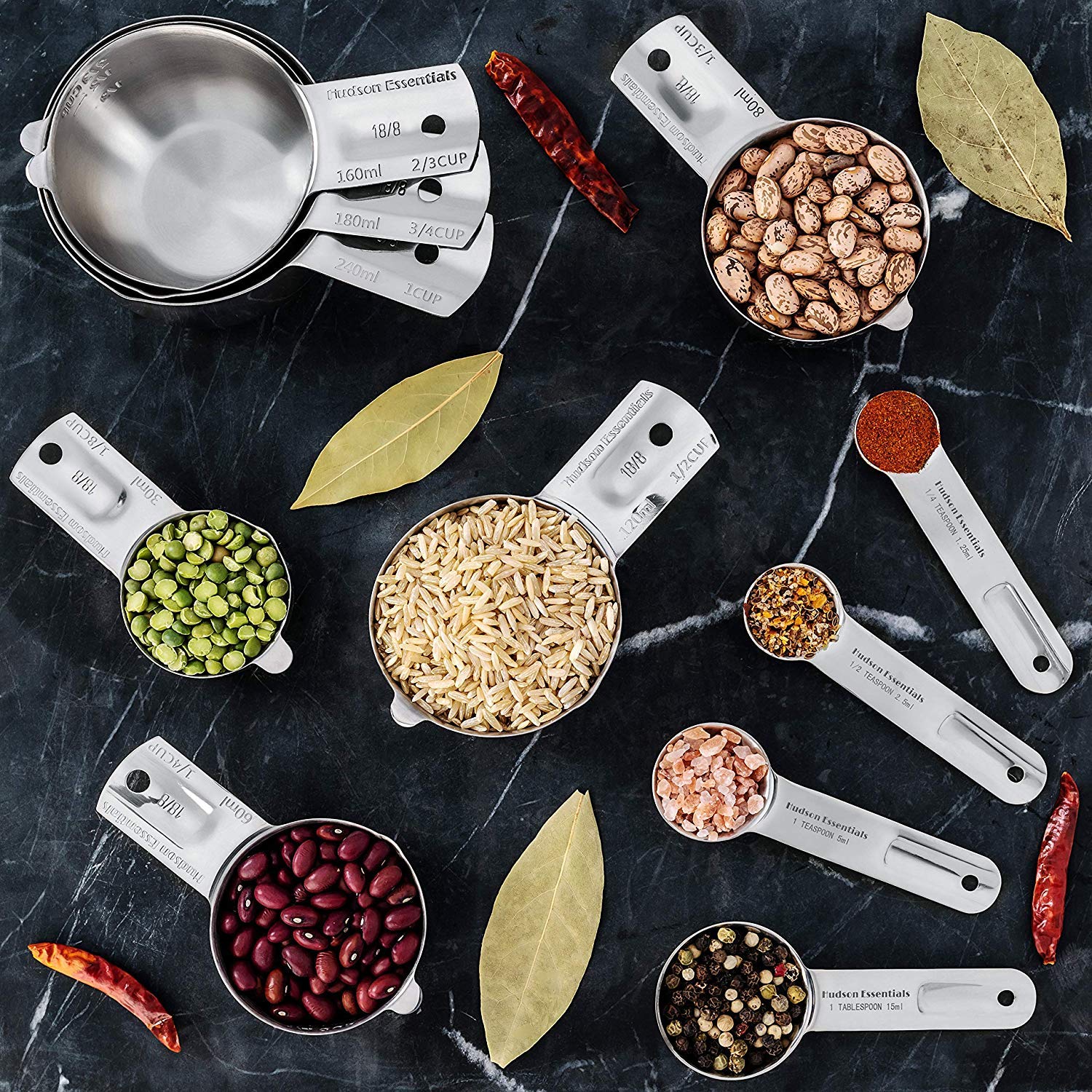 Hudson Essentials Stainless Steel Measuring Cups and Spoons Set - Stackable Set with Spout (11 Piece Set)