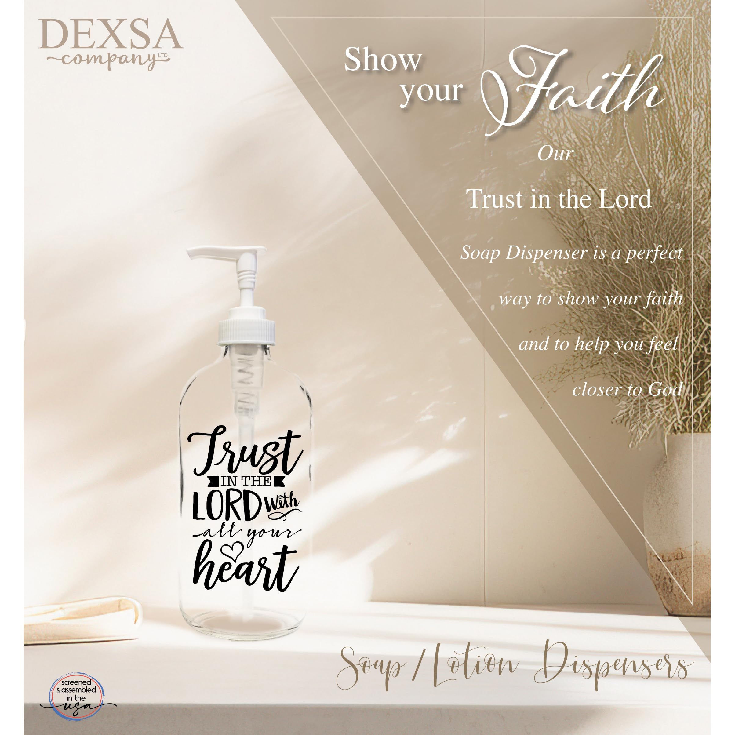 Dexsa 16 Oz Glass Soap Dispenser - Trust In The Lord With All Your Heart. Prov. 3:5