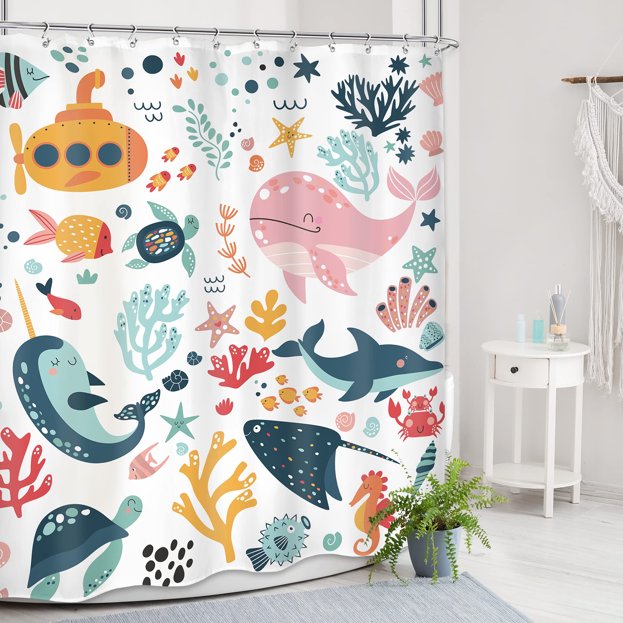 Mitpok Kids Shower Curtain Ocean Cute Cartoon Whale Funny Kid Bathroom Decor For Nursery Baby Boys Girls Underwater Coastal Subm