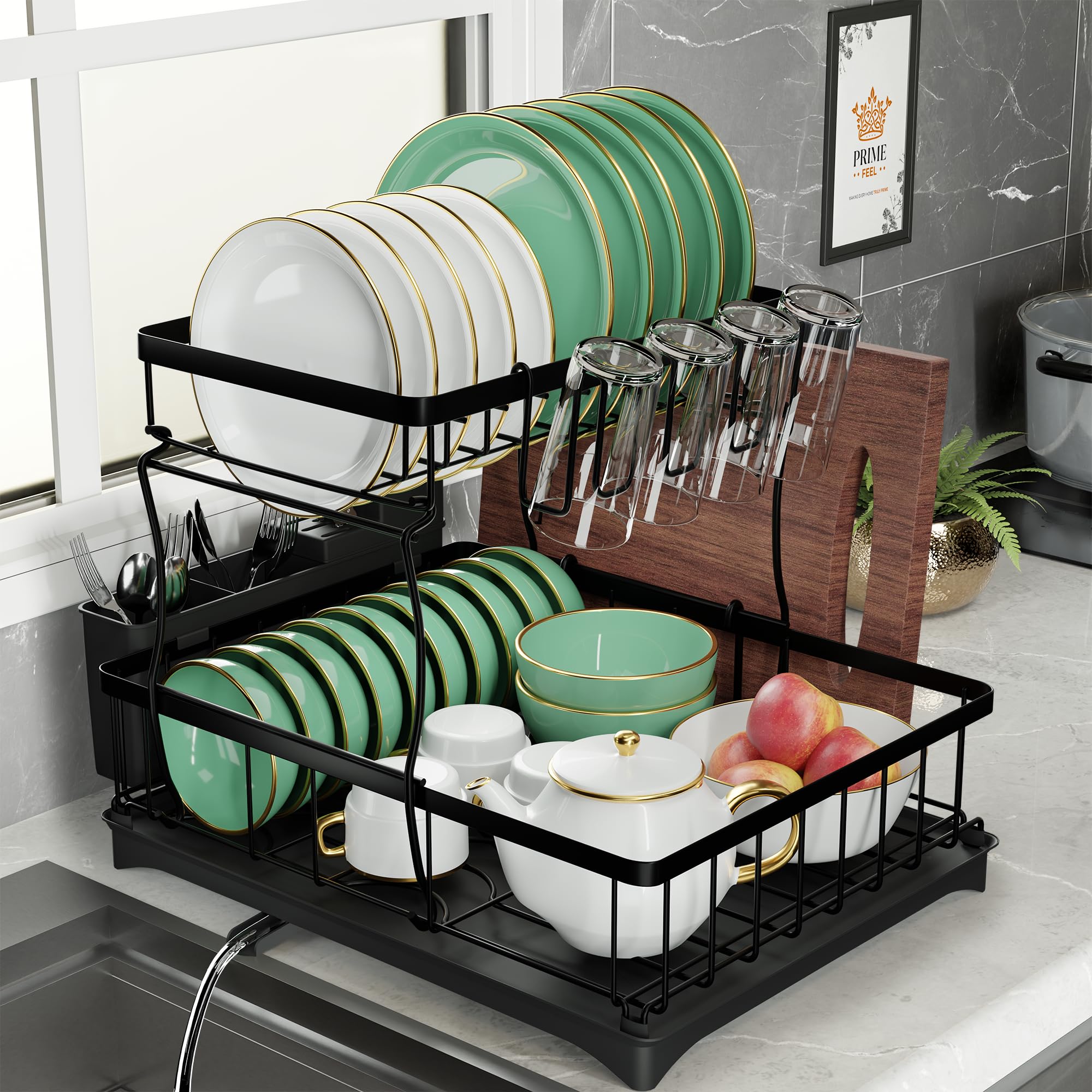 Prime Feel 2 Tier Dish Drainer Rack With Drainage Spout,Detachable Dish Drainer Rack,Draining Board Rack With Utensil Holder,Sin