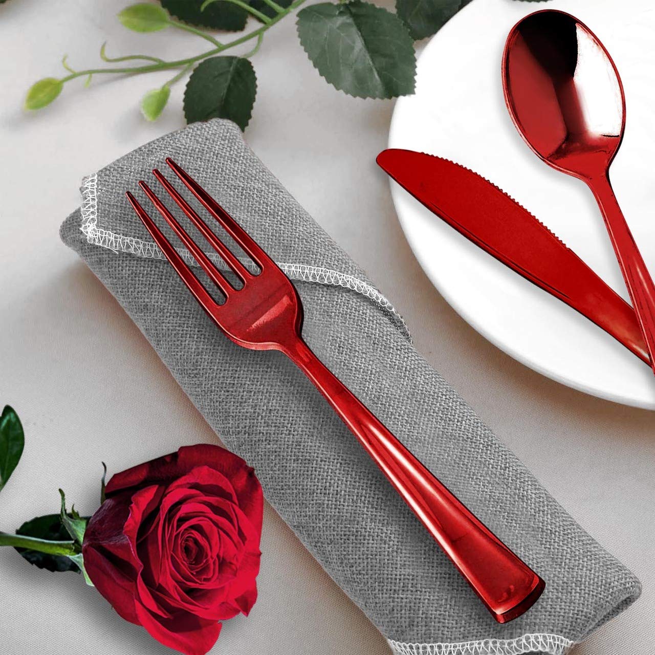Kaya Shiny Metallic Red Plastic Disposable Forks (24 Count) - Sturdy & Elegant Cutlery, Perfect For Parties, Catering & Special