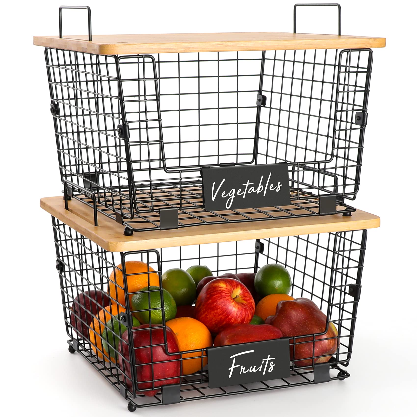 2 Set Stackable Wire Basket With Bamboo Top - Kitchen Counter, Pantry Organizer And Storage - Produce Onion Potato Fruits Vegs B