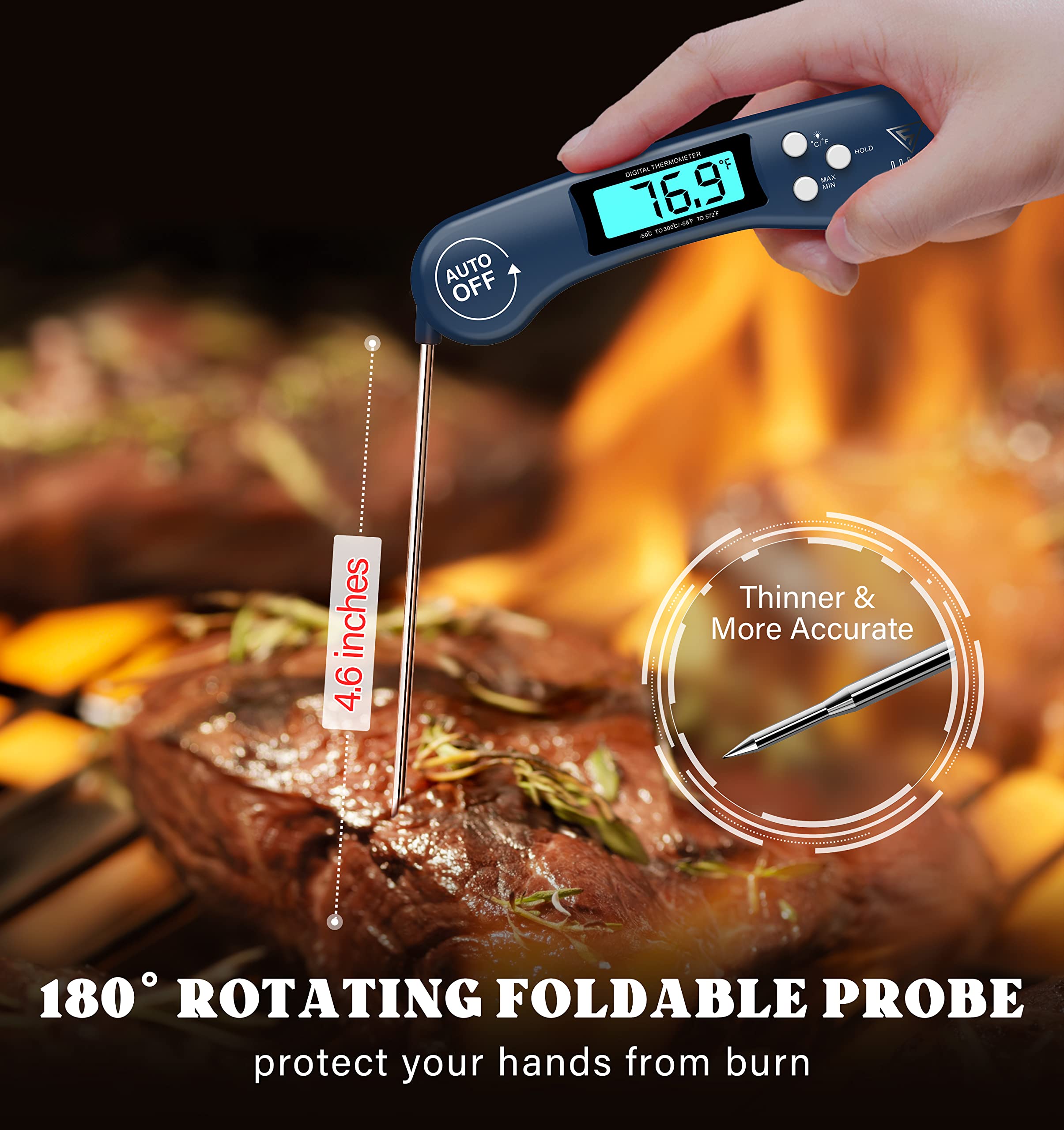 Doqaus Digital Meat Thermometer, Instant Read Food Thermometers For Cooking, Kitchen Probe With Backlit & Reversible Display, Wi