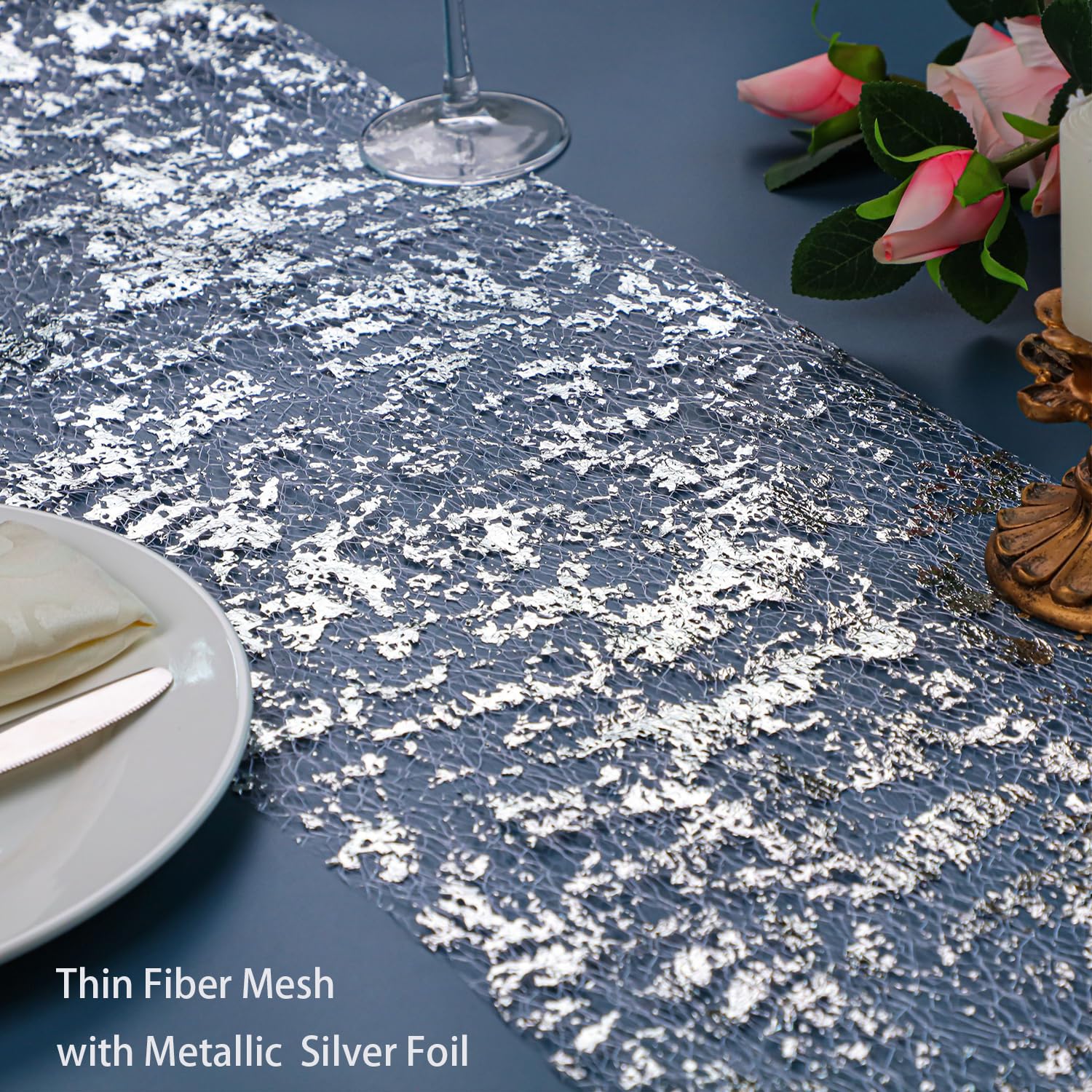 Snowkingdom 2 Pieces Silver Table Runner, Sequin Glitter Foil Metallic Silver Thin Mesh Table Runner Roll 11''X108'', Silver Tab