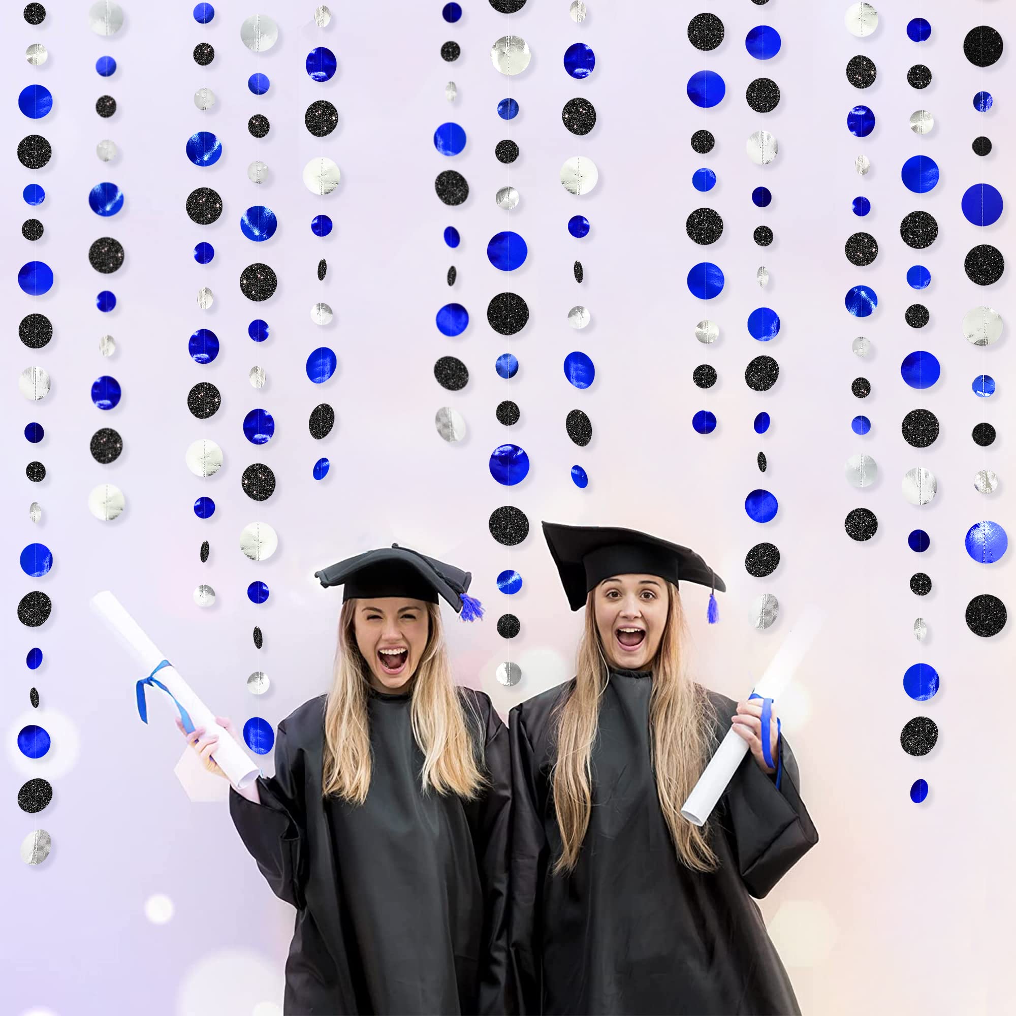 46Ft Navy Blue Black Silver Circle Dots Garland Royal Blue Black Polka Dots Streamer For Birthday Graduations Wedding Bridal Bab