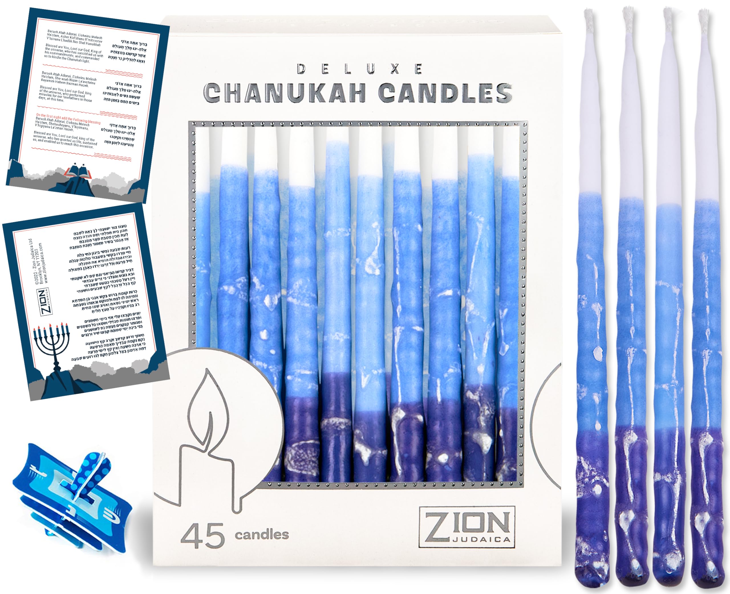 Deluxe Chanukah Candles for Menorah - Decorative Hanukkah Candles Set of 45 Multi Blue Thin Tapered Frosted Candle Hand Made Inc