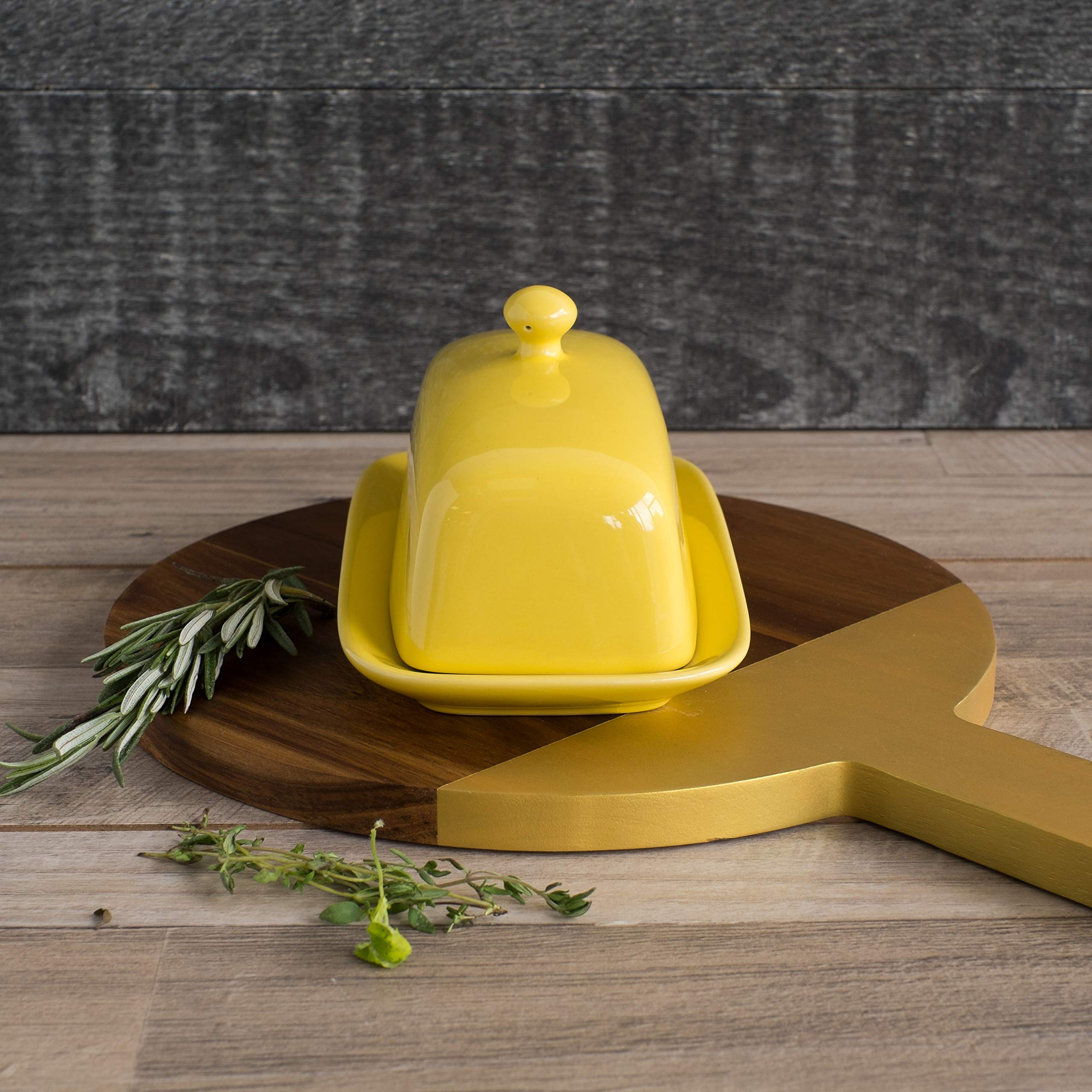 Now Designs Stoneware Rectangle Butter Dish With Lid, Lemon Yellow 4.5 X 8 In