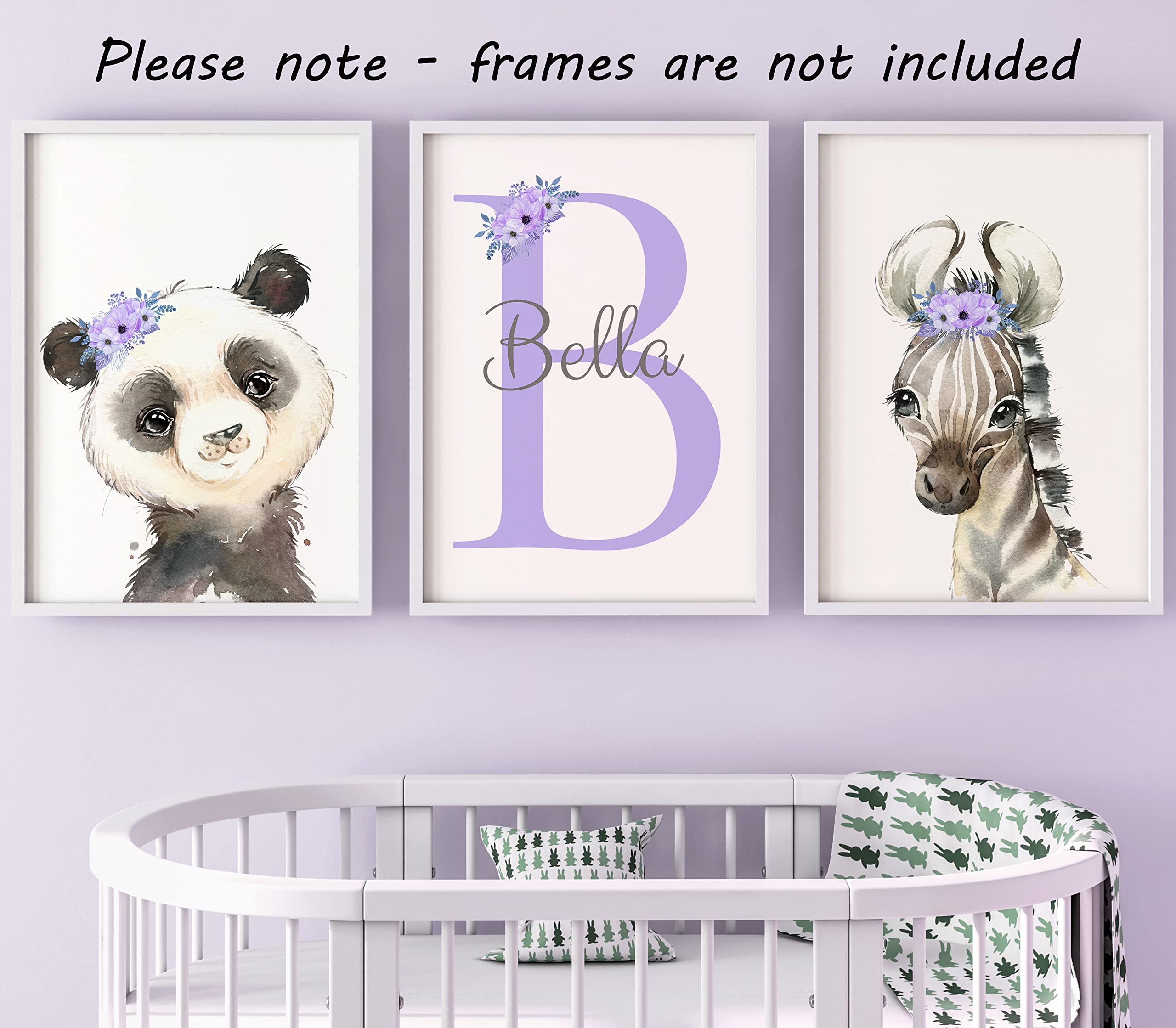Personalized Safari Animals For Baby Girls Nursery, Set Of 3 Unframed Poster Prints, Personalized Name Pink Lilac Floral, Girls