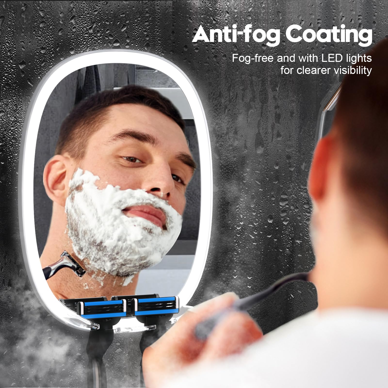 Widitn Led Shower Mirror Fogless For Shaving, Adjustable Shaving Mirror With Razor Holder, 3 Colors Dimmable Lighting, Wall-Moun