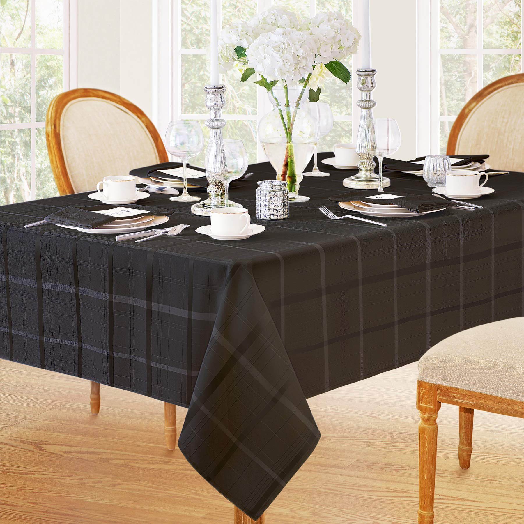 Newbridge Elegance Plaid No-Iron Soil Resistant Fabric Woven Tablecloth - 60 X 144 Oblong - Black