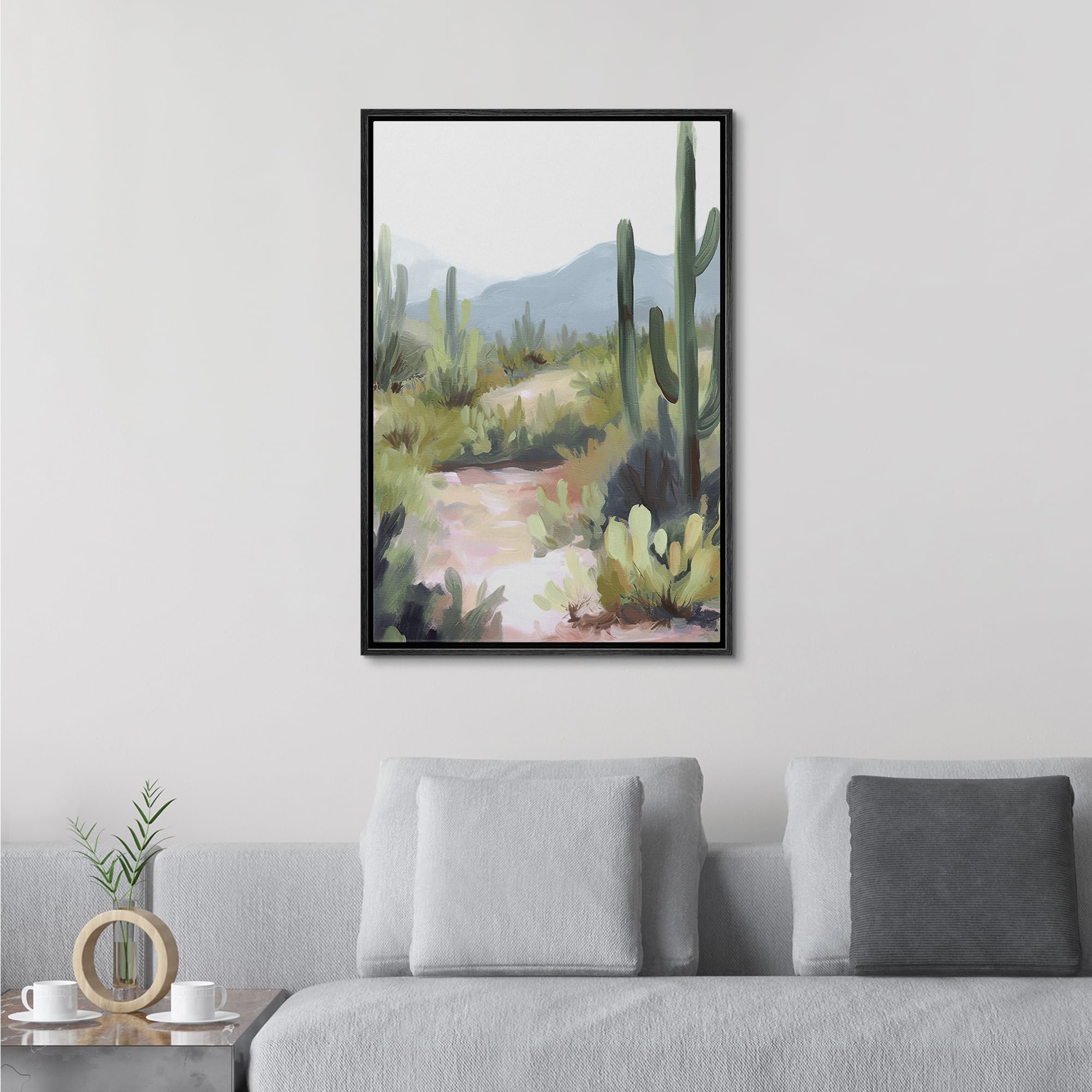 Signford Framed Canvas Print Wall Art Peaceful Desert Trail With Greenery And Cacti Nature Wilderness Illustrations Modern Art D