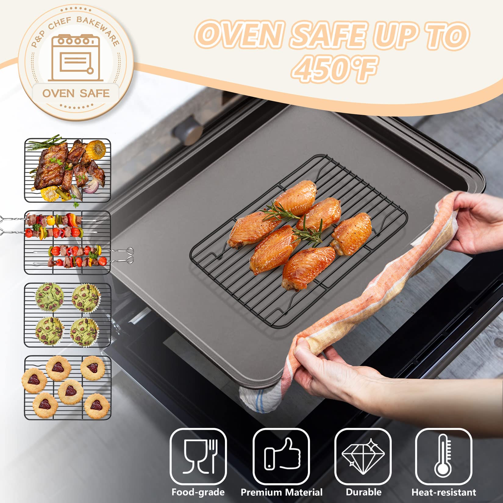 P&P CHEF Cooling Baking Rack Set of 2, Stainless Steel, Black, 8.6" x 6.2", Easy to Clean, Dense Wires & Smooth Edge