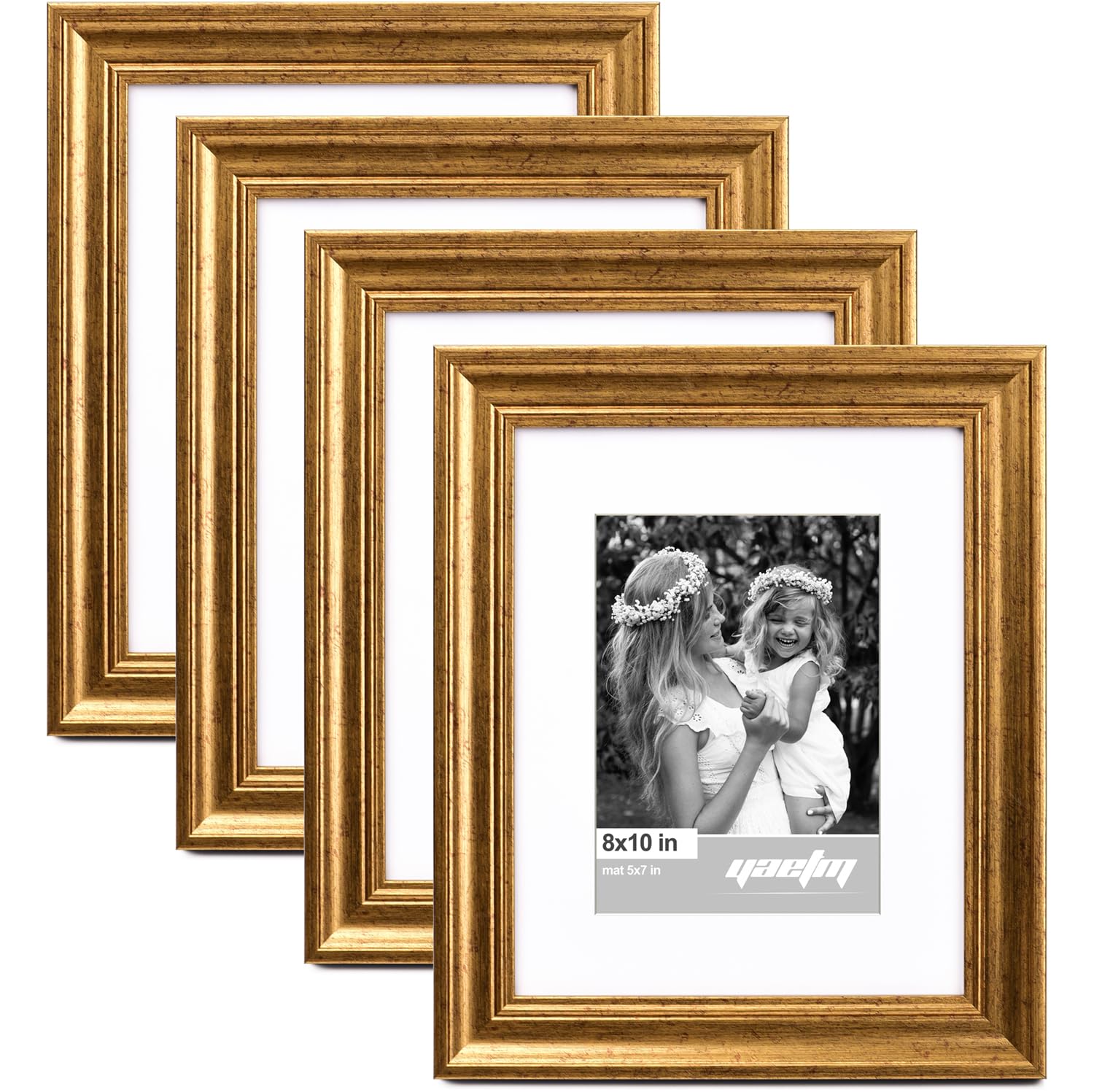 Yaetm 8x10 Picture Frame Matted to 5x7 Set of 4, 1.4    Wide Molding & Rustic Gold Photo Frames 8 x 10 with Tempered Glass, Disp