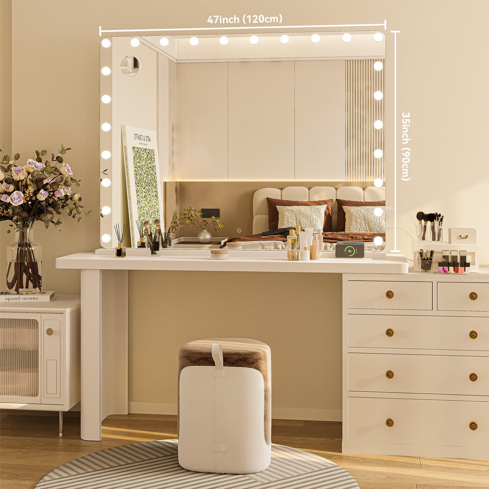 Hasipu 47'' X 35'' Vanity Mirror With Lights, Makeup Mirror With Lights And Magnification, Hollywood Mirror With 3 Color Modes,