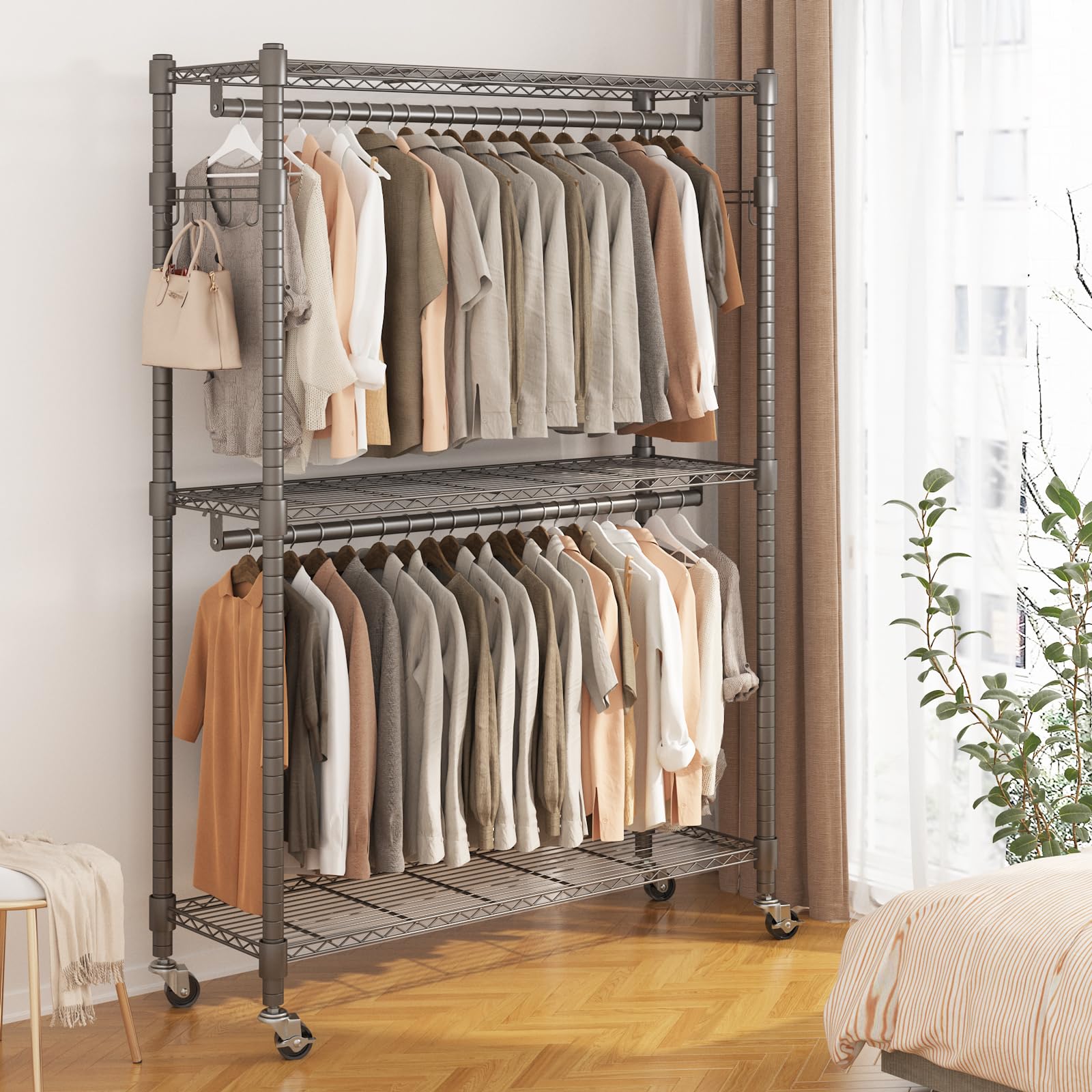 Bathwa Heavy Duty Garment Rack On Wheels, Rolling Clothes Racks For Hanging Clothes, Simple Sturdy Wardrobe Rack With Double Han