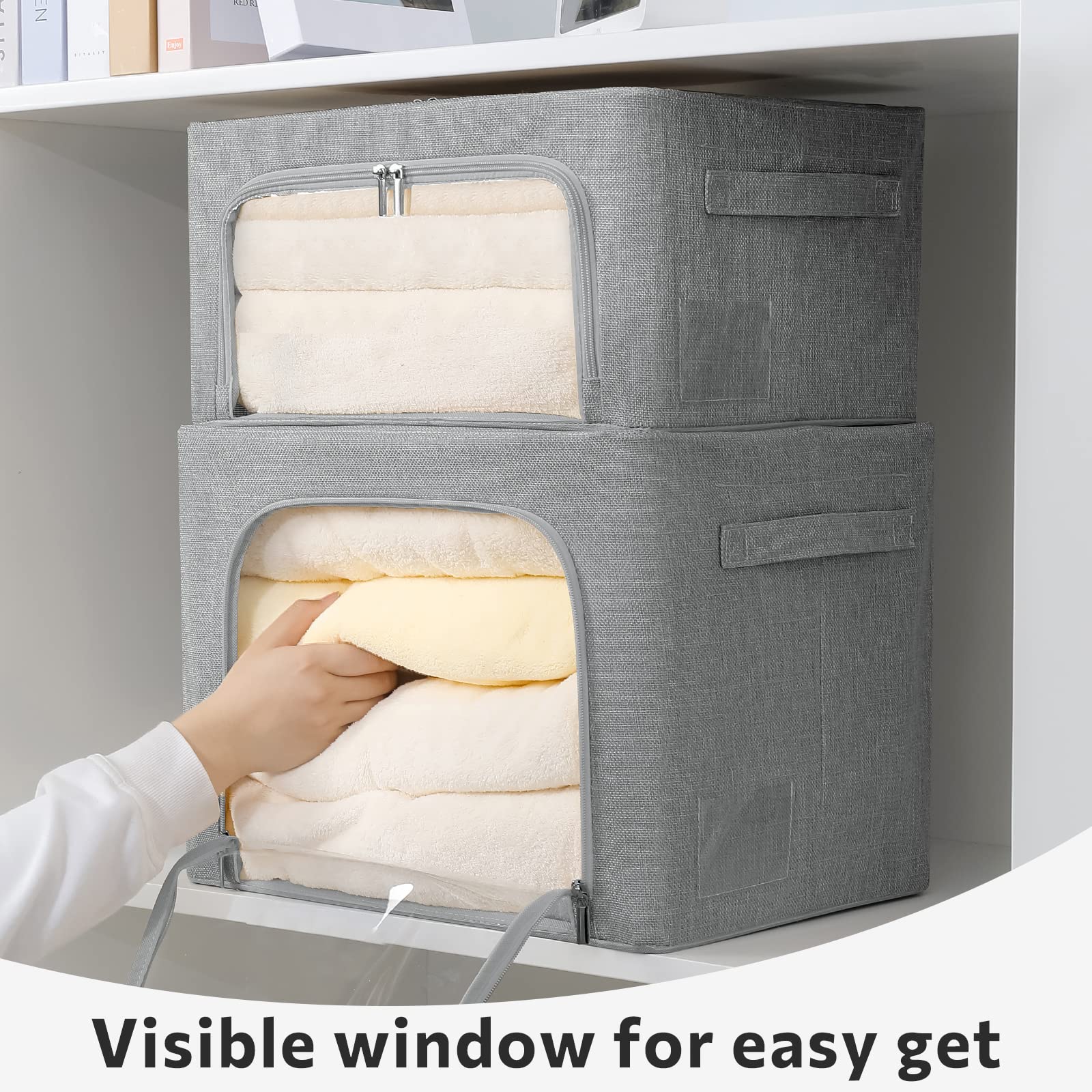 2 Pack Clear Window Storage Bins - Foldable Fabric Storage Bins Boxes for Clothes - Stackable Box Organizer Set with Carrying Ha