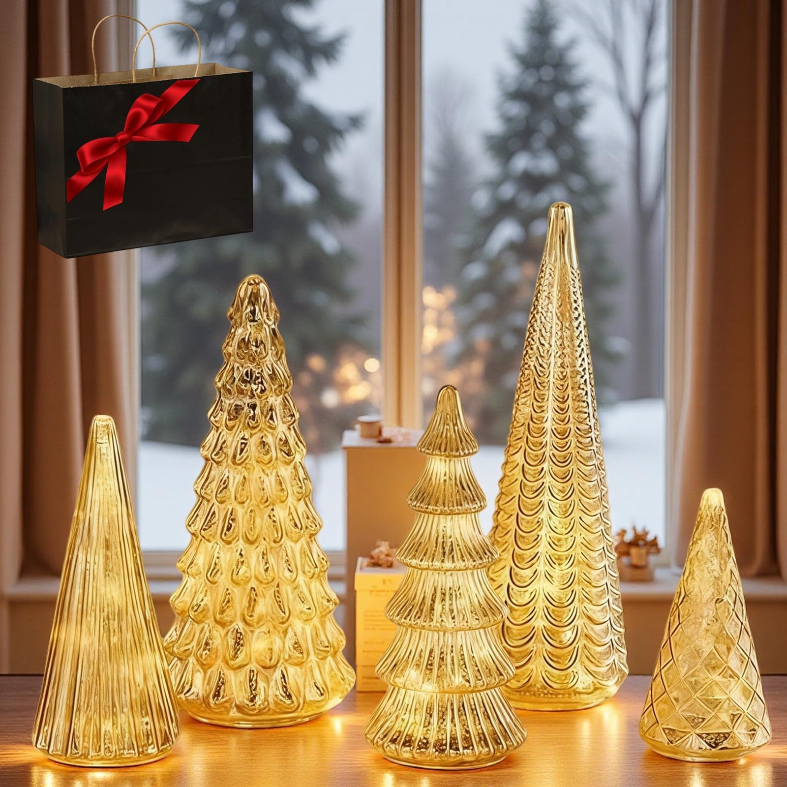 Illuminated Mercury Glass Christmas Trees,Set of 5 Upgrade Mercury Glass Christmas Trees with LED,BFF Collection Christmas Decor