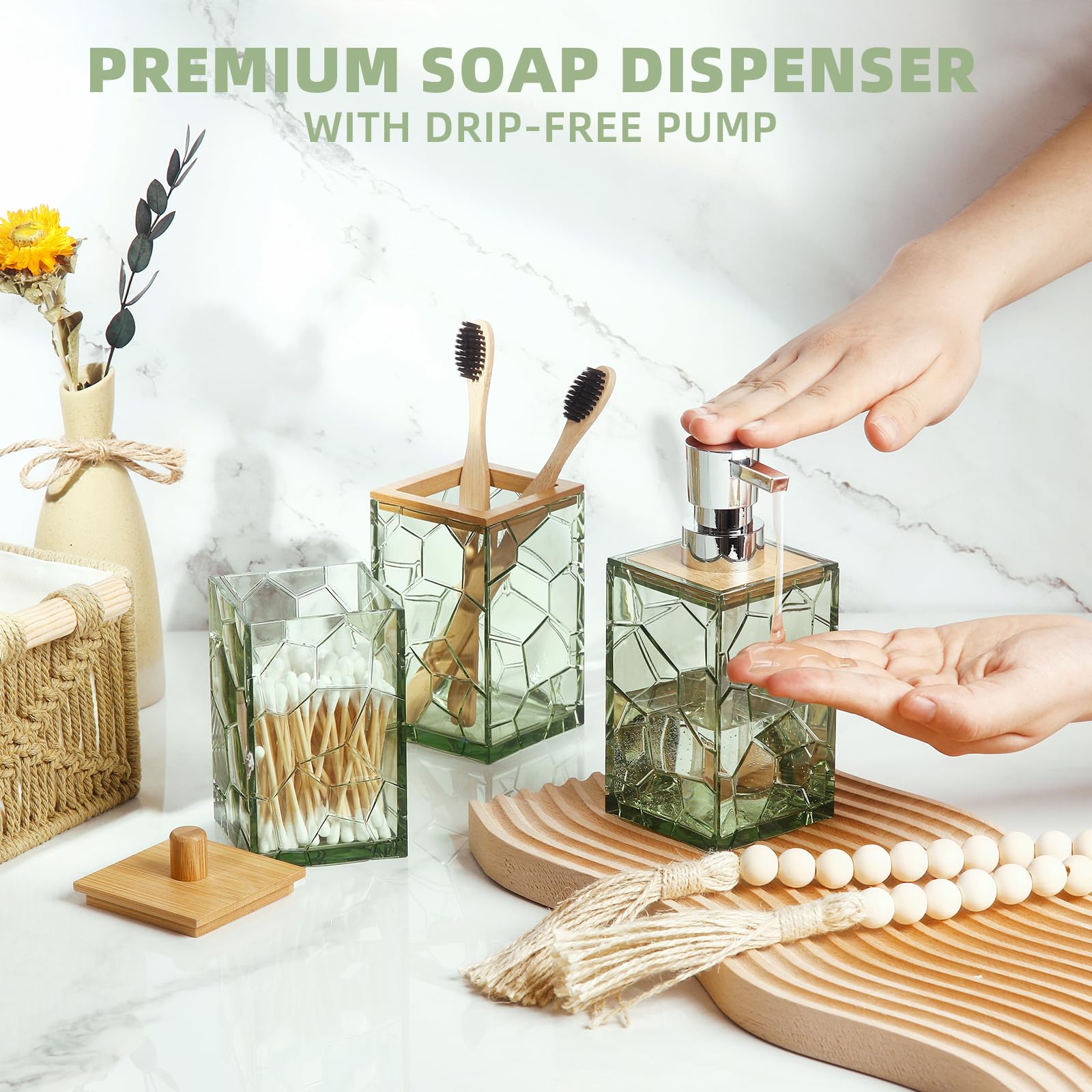 Gahefy Sage Green Bathroom Accessories Set, Toothbrush Holder, Soap Dispenser, Cotton Swabs Holder, Soap Dish, Toilet Brush With