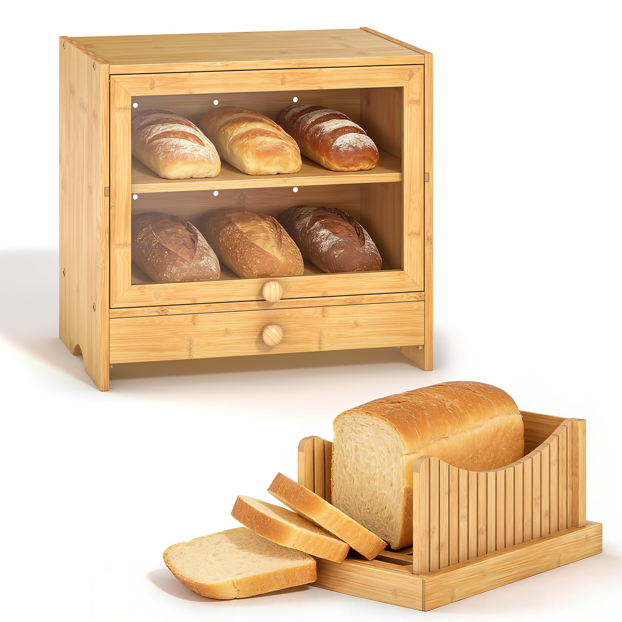 EffiQ-Rate 2 Tier Bread Box, Natural Bamboo Wood Bread Storage Container Cabinet with Window for Kitchen Countertop, Space Saver