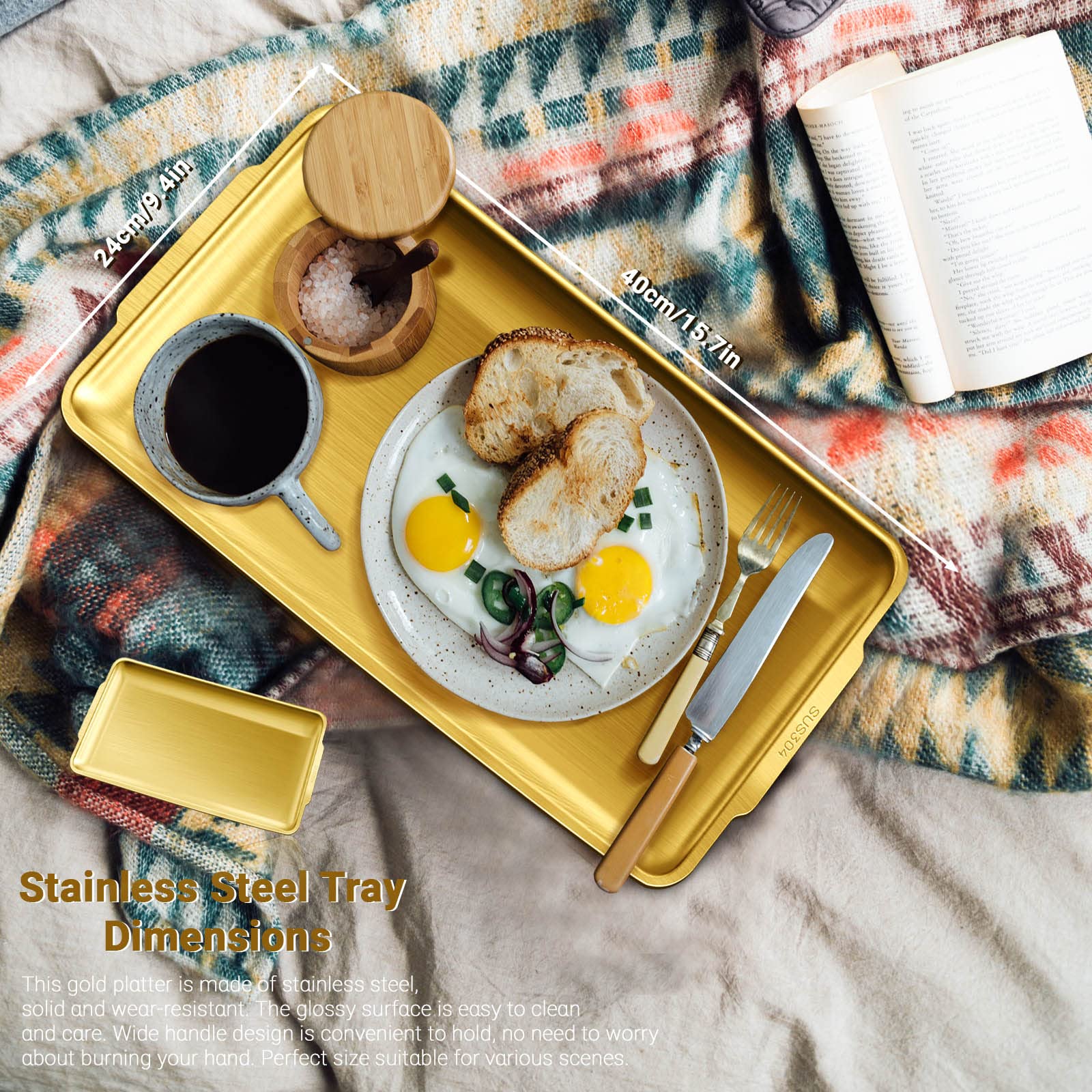 Stainless Steel Serving Tray, 15.7 X 9.4In Rectangle Gold Serving Platter With Handle, Decorative Coffee Table Plate, Ottoman Di