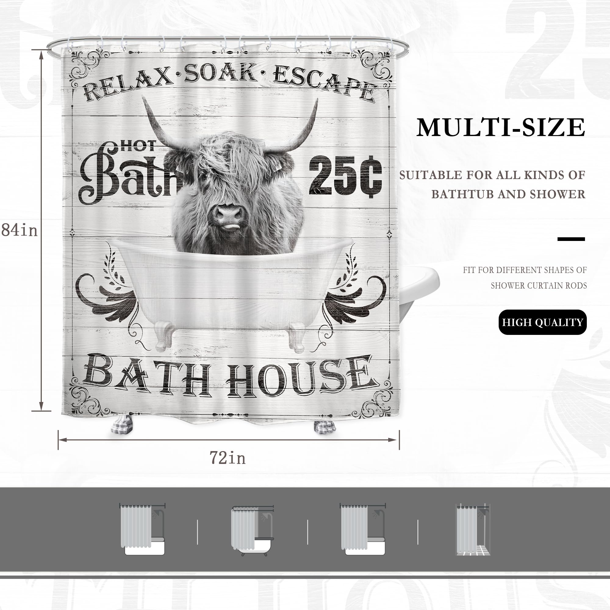Glawry Funny Highland Cow Shower Curtain 72Wx84L Inches Extra Long Bull Farmhouse Western Cattle In Bathtub Bath Rustic Wildlife