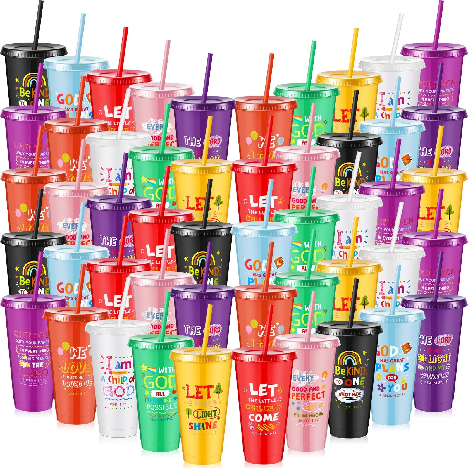 Uiifan 50 Pcs Christian Cups for Kids Bulk, Reusable Plastic Tumblers with Lids and Straws, Bible Verse Cups for Sunday School, 