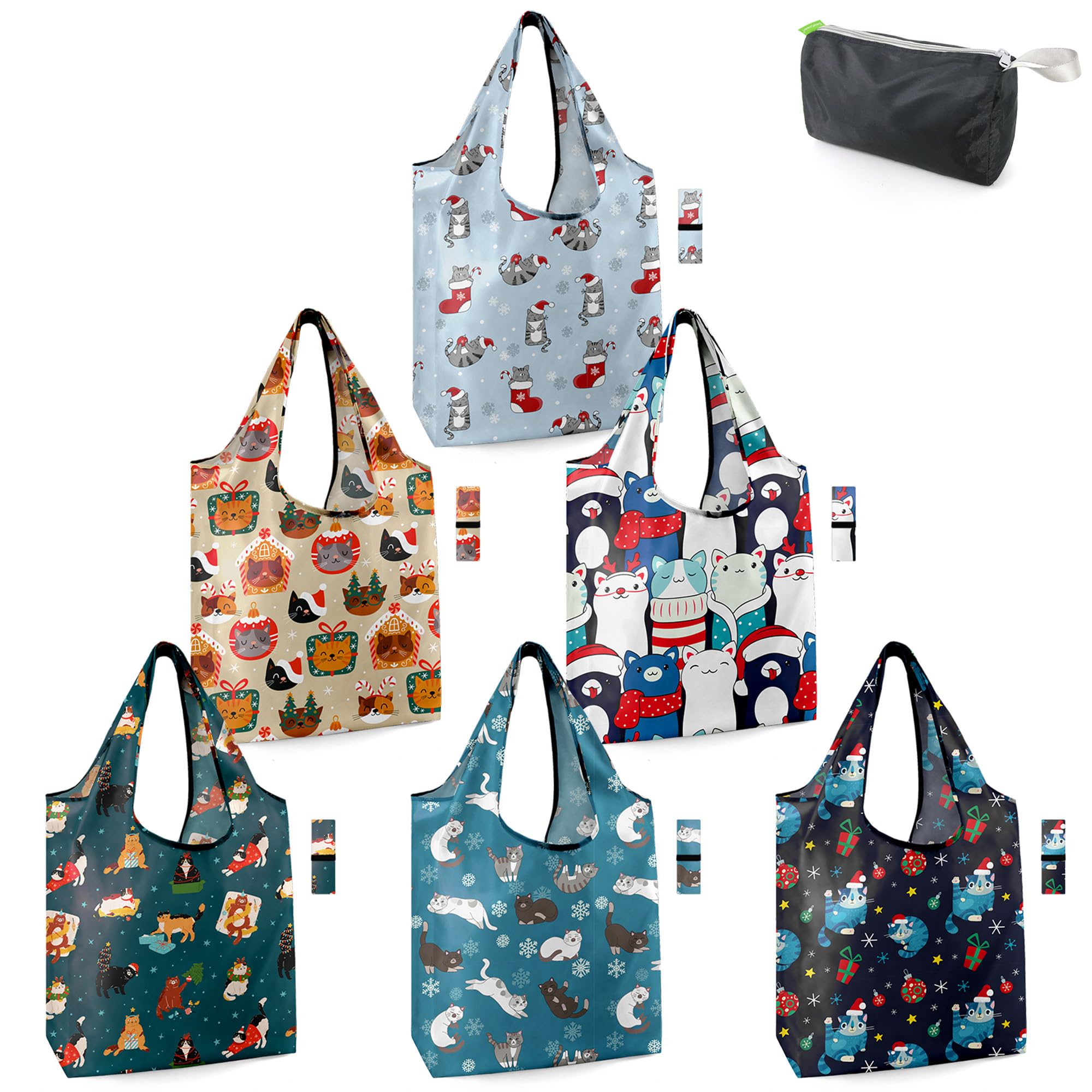 BeeGreen Christmas Cats Reusable Grocery Bags 6 Pack Cats Reusable Shopping Bags Bulk with Elastic Band Foldable-Machine Washabl