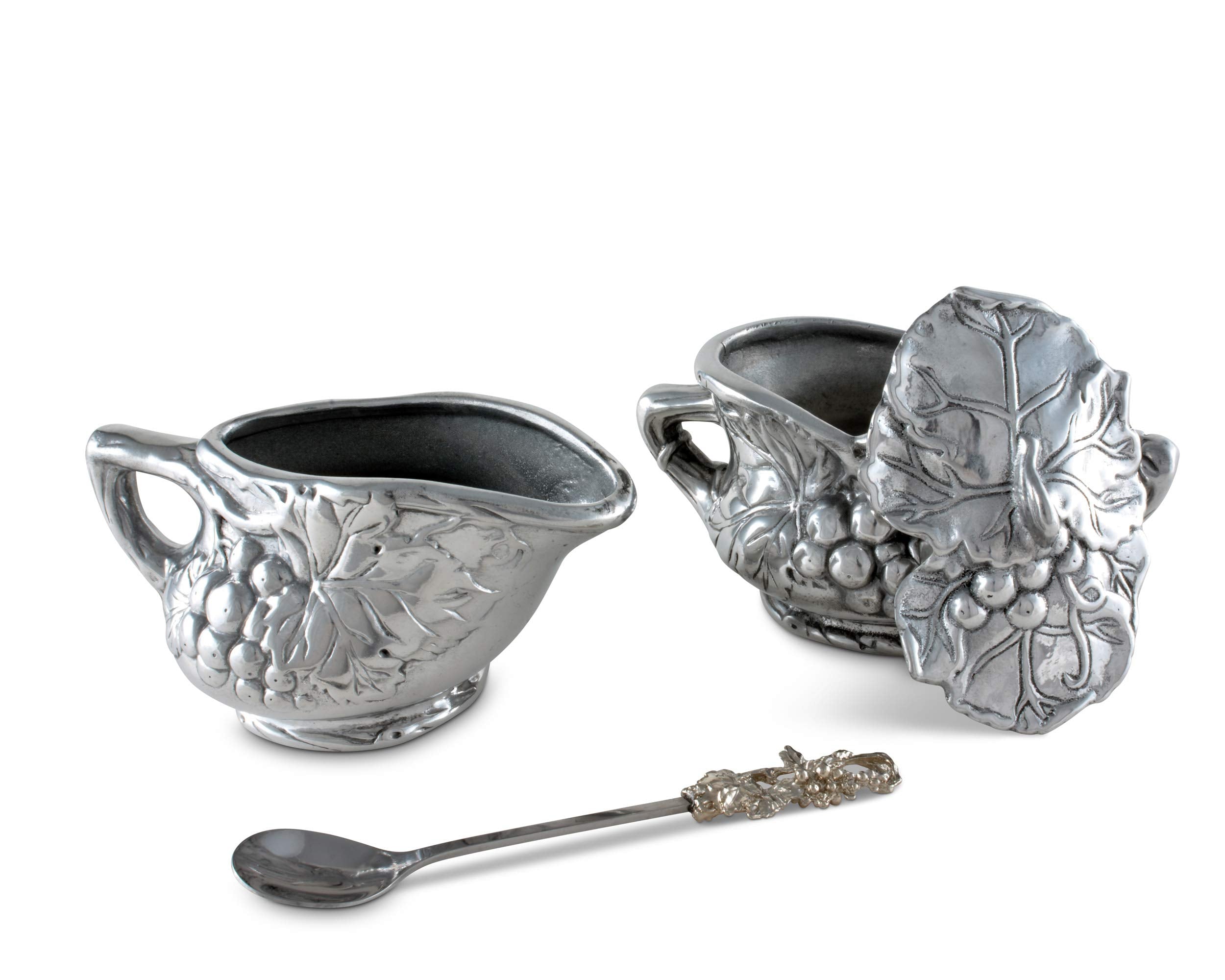 Arthur Court Designs Aluminum Grape Pattern Sugar And Creamer Set Sugar Bowl For Coffee And Tea 5.75 In W X 2.75 In H Creamer: 5