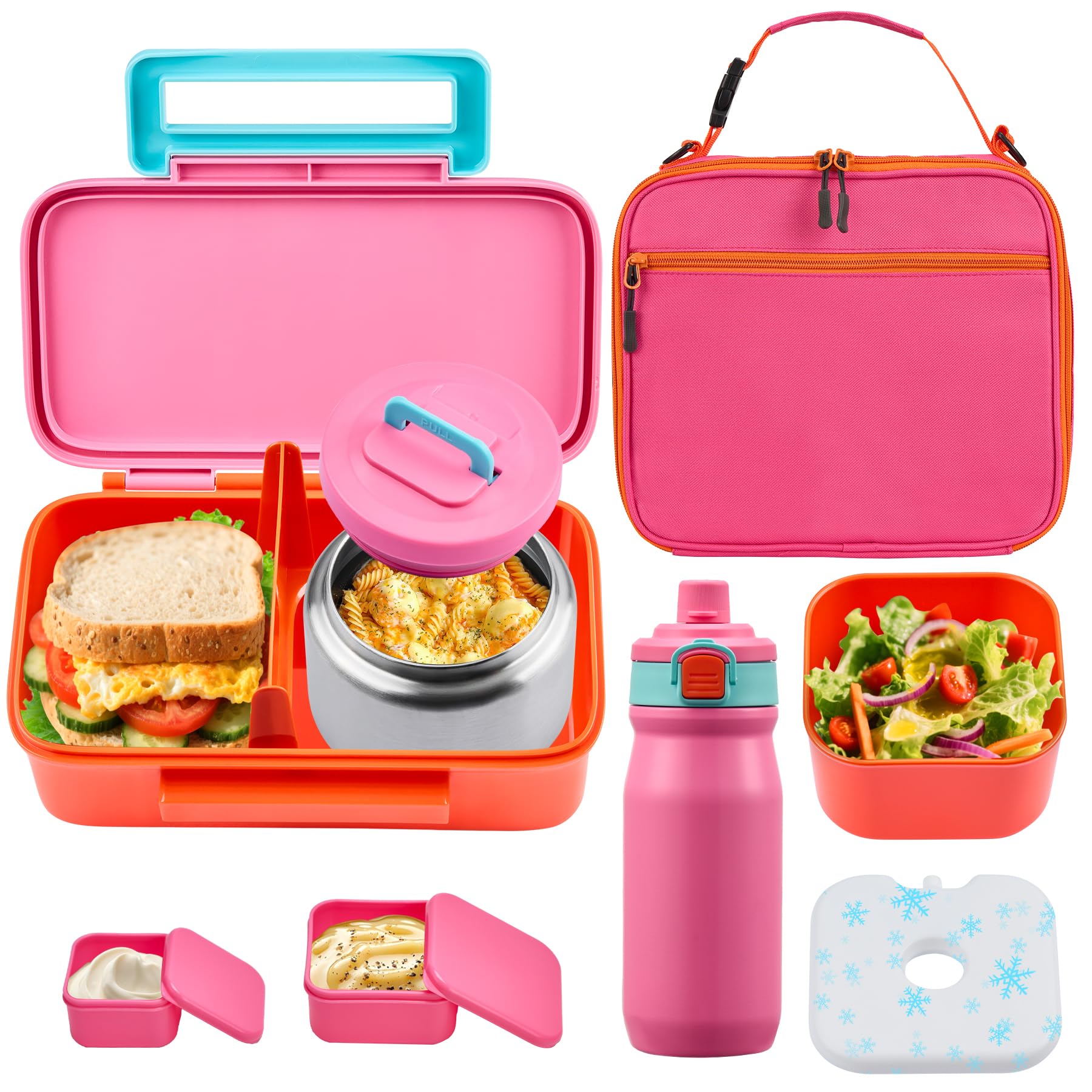 PIQUEBAR Kids Lunch Box with 8oz Thermo, Leakproof Bento Box Insulated Bag, Insulated Water Bottle, Food Lunch Container for Gir