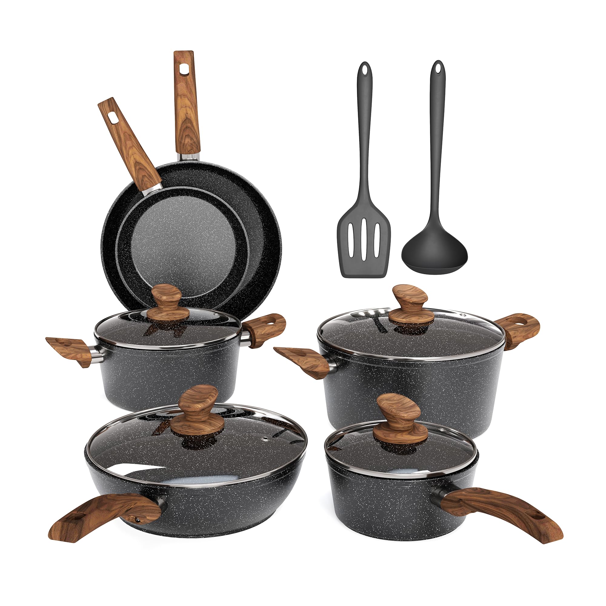 MAISON ARTS Pots and Pans Set Non Stick, 12 Piece Black Granite Kitchen Cookware Induction Compatible, Pot and Pan Sets for Cook