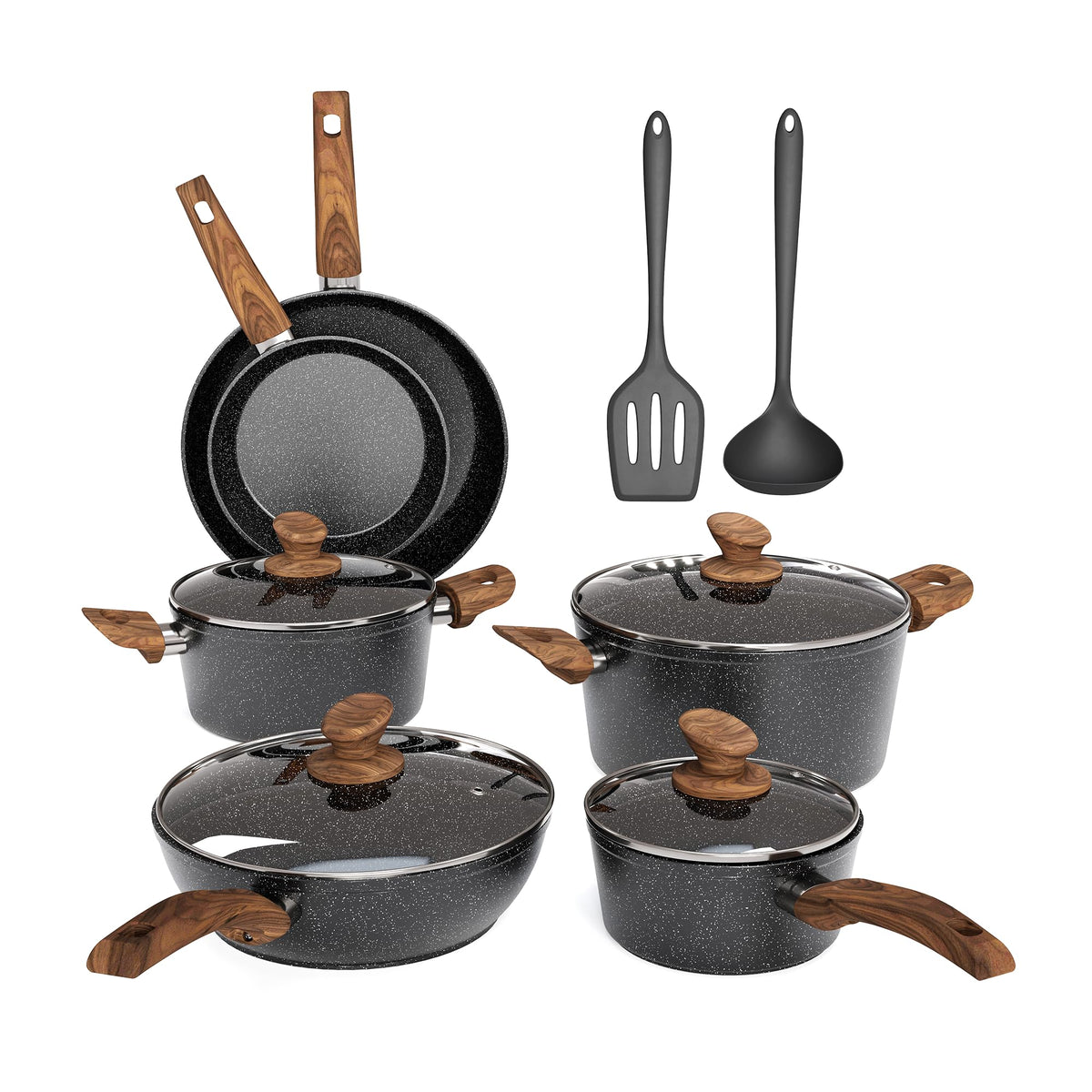 MAISON ARTS Pots and Pans Set Non Stick, 12 Piece Black Granite Kitchen Cookware Induction Compatible, Pot and Pan Sets for Cook