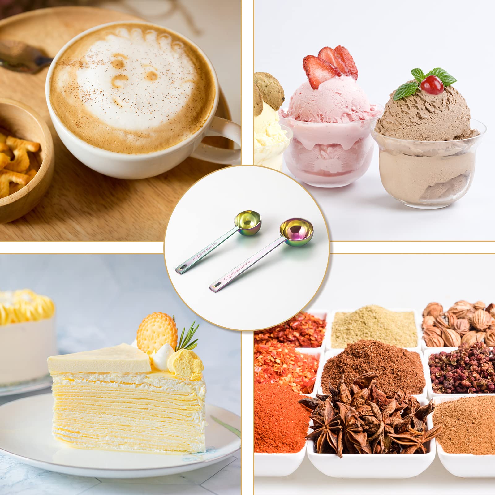 Premium coffee scoop set  set of 2  Metal stainless steel long handle coffee scoop  measuring coffee spoons contains 1 tablespoon (15 ml) and 2 tablespoons (30 ml) multicolor spoon.