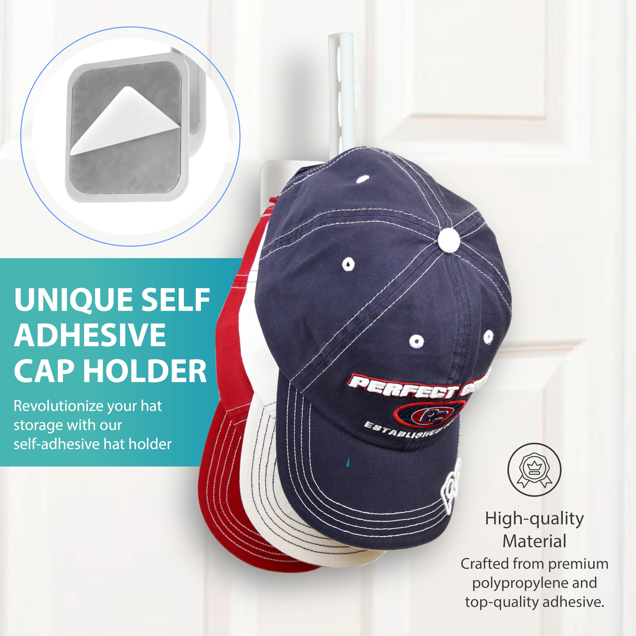 Perfect Curve Hat Rack For Hat Storage (4-Pack), Multi-Purpose Hat Organizer, Two Mounting Options, Strong Adhesive Or Screw Mou