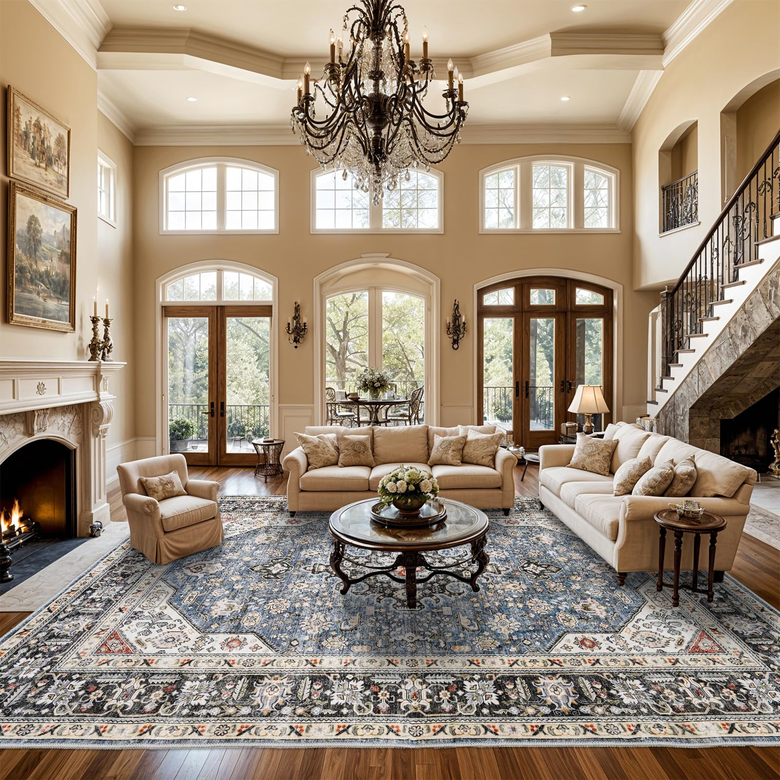 HILORUUG Living Room Area Rugs 10x14: Extra Large Area Rug Super Soft Distressed Oriental Rugs with Non-Slip Backing - Thin Stai