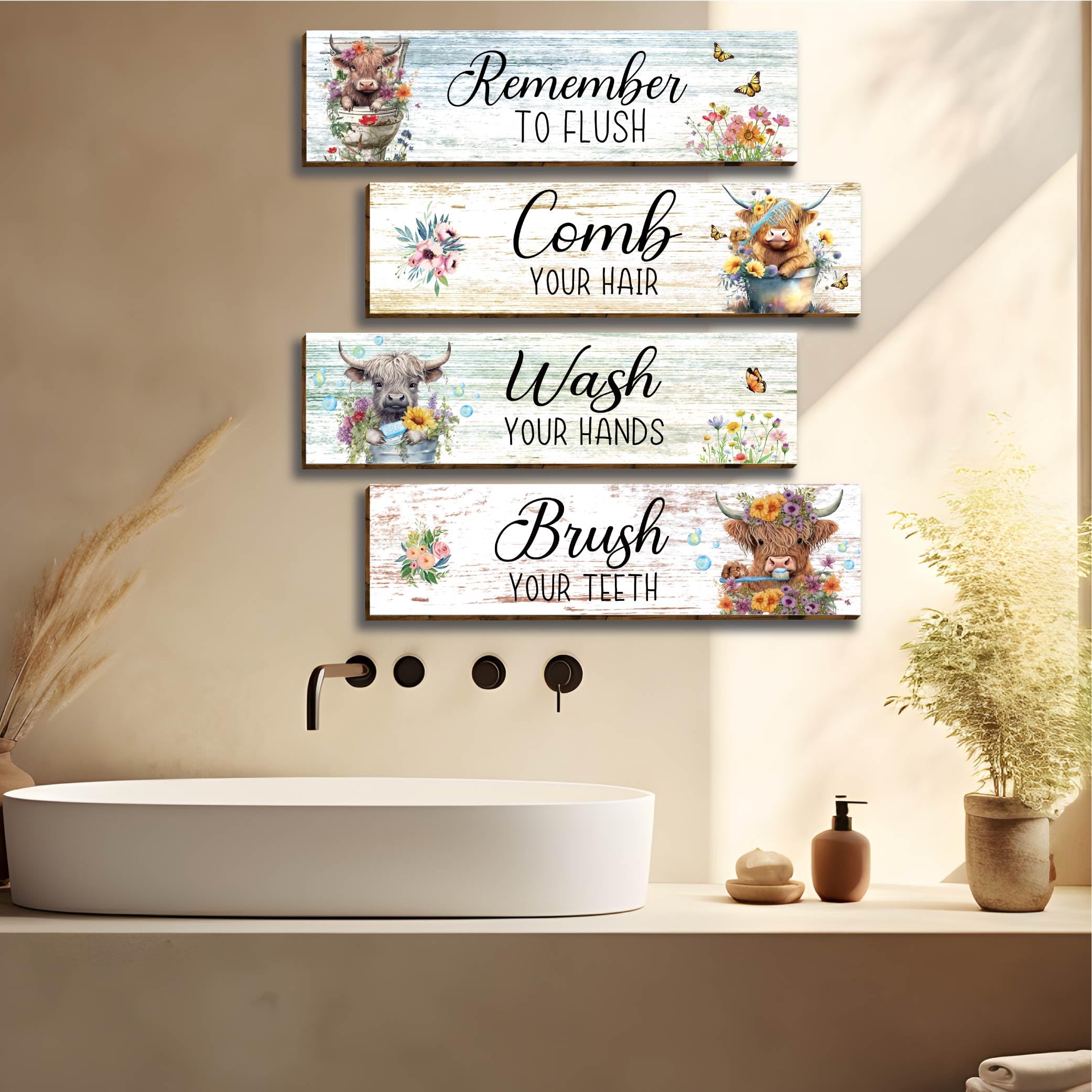 Vagafilla 4-Piece Highland Cow Bathroom Wall Decor - Rustic Wooden Farmhouse Wall Art - Perfect for Bedroom, Bathroom, Living Ro