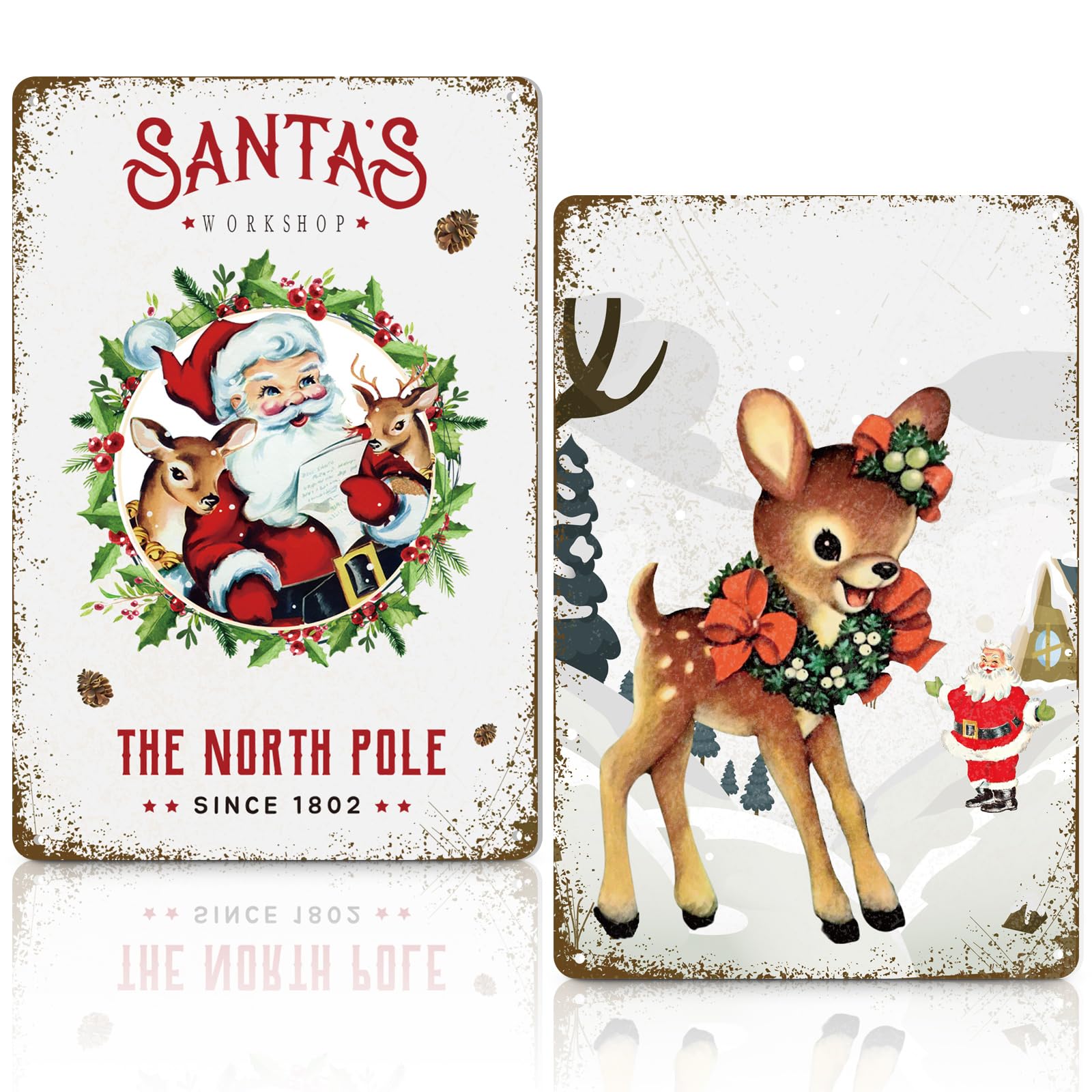 Christmas Vintage Decor Santa s Workshop Reindeer Metal Signs Plaque Retro Christmas Wall Art Decor Funny Vintage Santa Reindeer