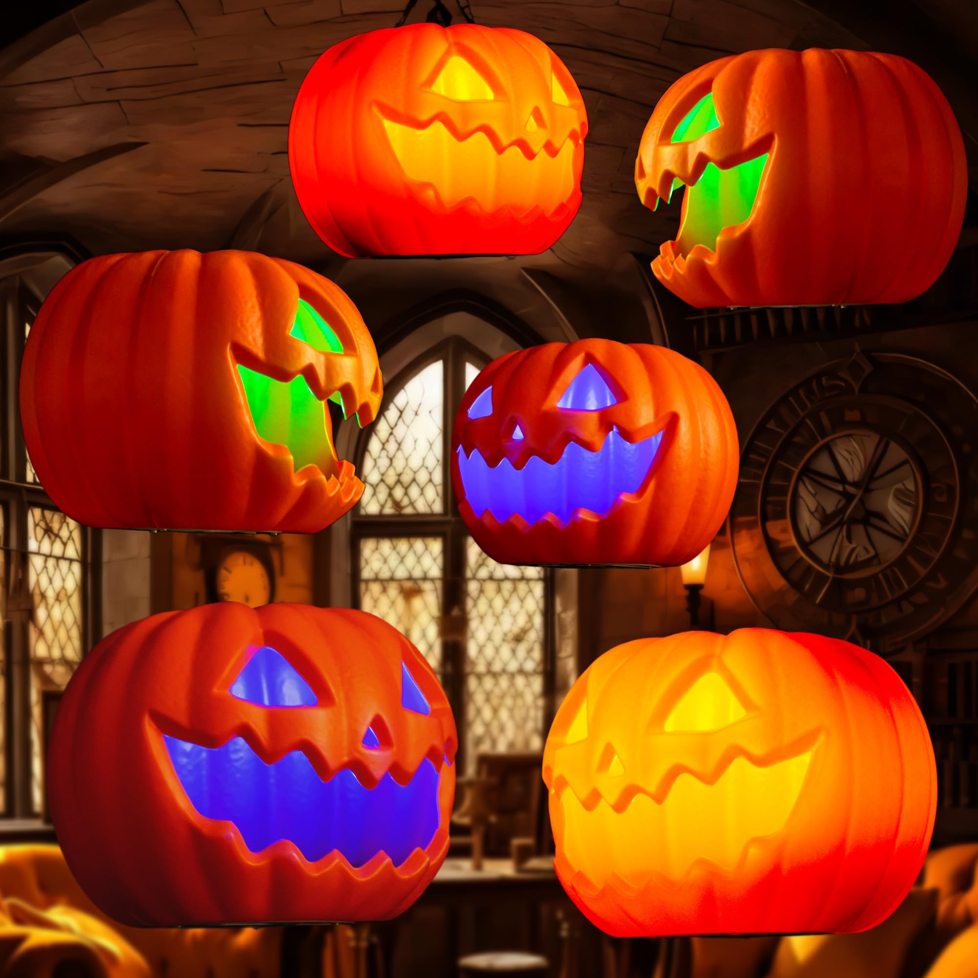 Halloween Decorations Floating Pumpkin Lights, Led Flameless Hanging Pumpkin Head Lantern with Timer, 3 Color Light, 2 Lighting 