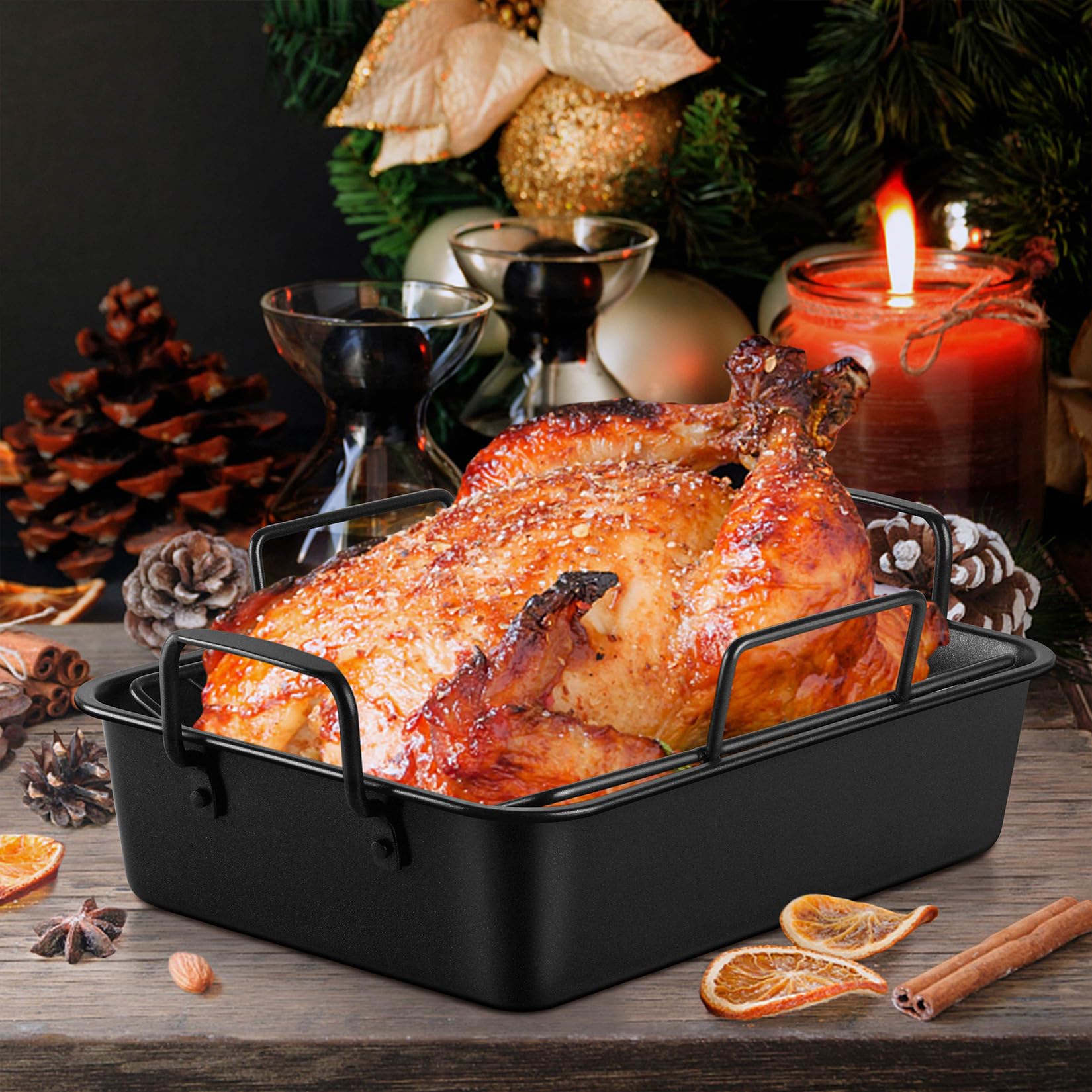 14 Inch Roasting Pan With Rack Set, P&P Chef Turkey Roaster Pan & V-Shape Baking Rack & Cooling Rack For Chicken Vegetable Lasag