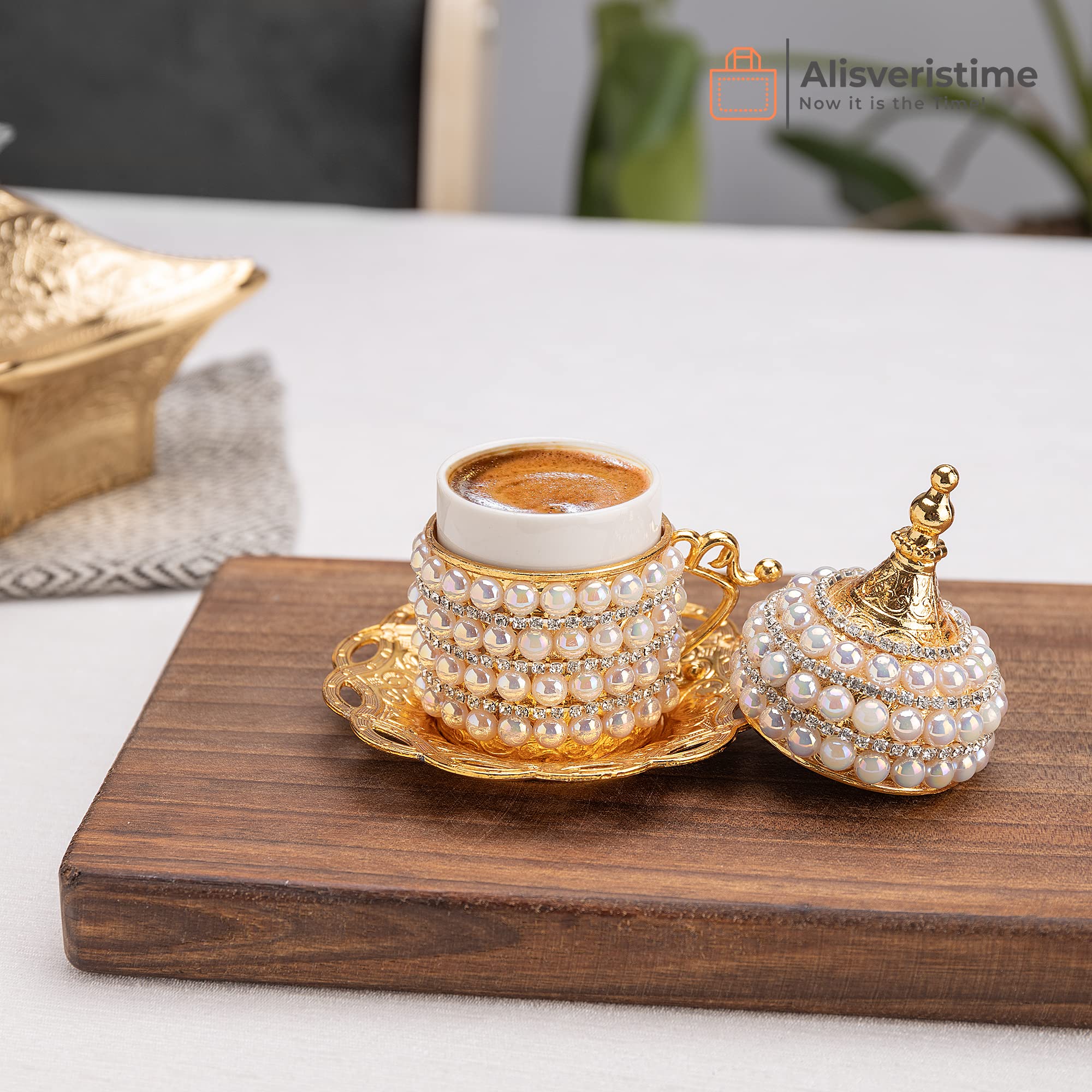 Alisveristime Turkish Coffee Set For Two - Pearl Set With Ottoman Motifs (Set Of 2) (Gold)