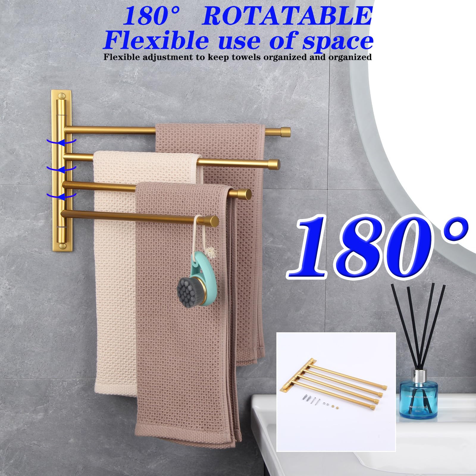 Gerzwy Wall Mount Bath Towel Rack With 4 Arms Hanger Towel Holder Bathroom Swing Arm Towel Bars Organizer Stainless Steel Gold F