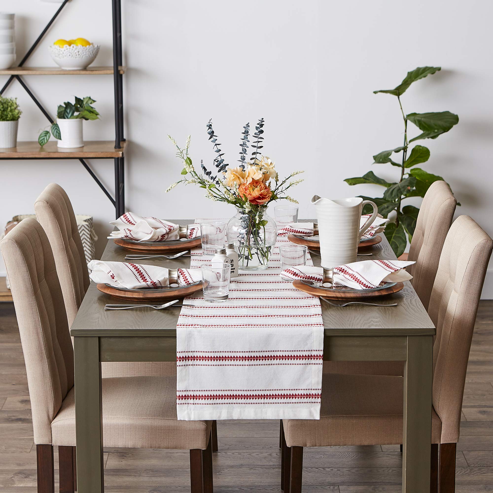 Dii Zig Dobby Tabletop Collection, White Cotton Background With Embellished Stripe, Table Runner, 14X72, Barn Red