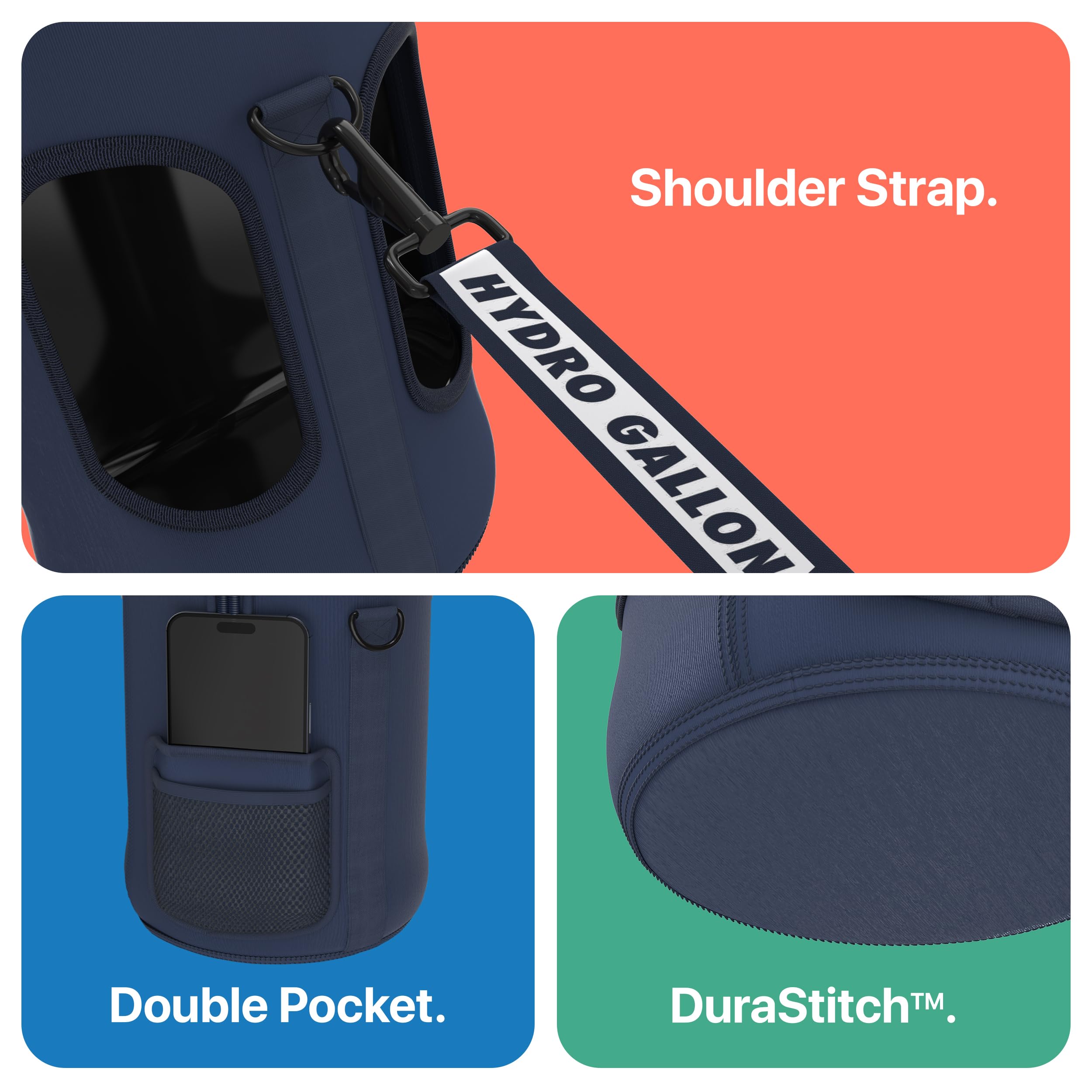 Hydro Gallon - 1 Gallon Water Bottle Jug with Insulated Sleeve and Straw Lid  Handle  Time Marker  Pocket  Shoulder Strap. Daily Intake Leakproof BPA free Large Big Bottle. 128oz (Navy Blue)