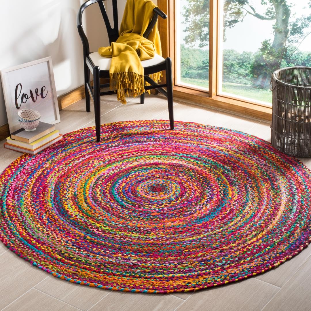 SAFAVIEH Braided Collection Area Rug - 9 Round, Red & Multi, Handmade Boho Reversible Cotton, Ideal for High Traffic Areas in L