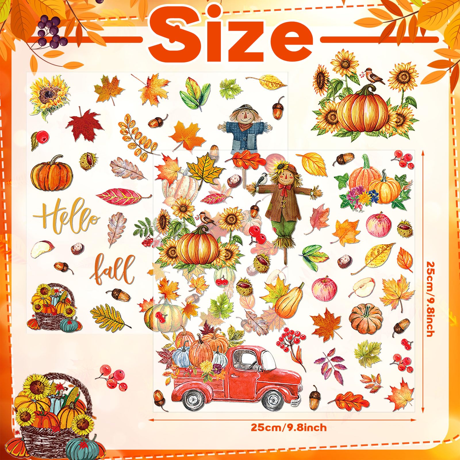 Motipuns 2 Sheet 88 Pcs Thanksgiving Gel Window Clings Fall Thick Gel Cling Removable Reusable Autumn Harvest Window Sticker Pum