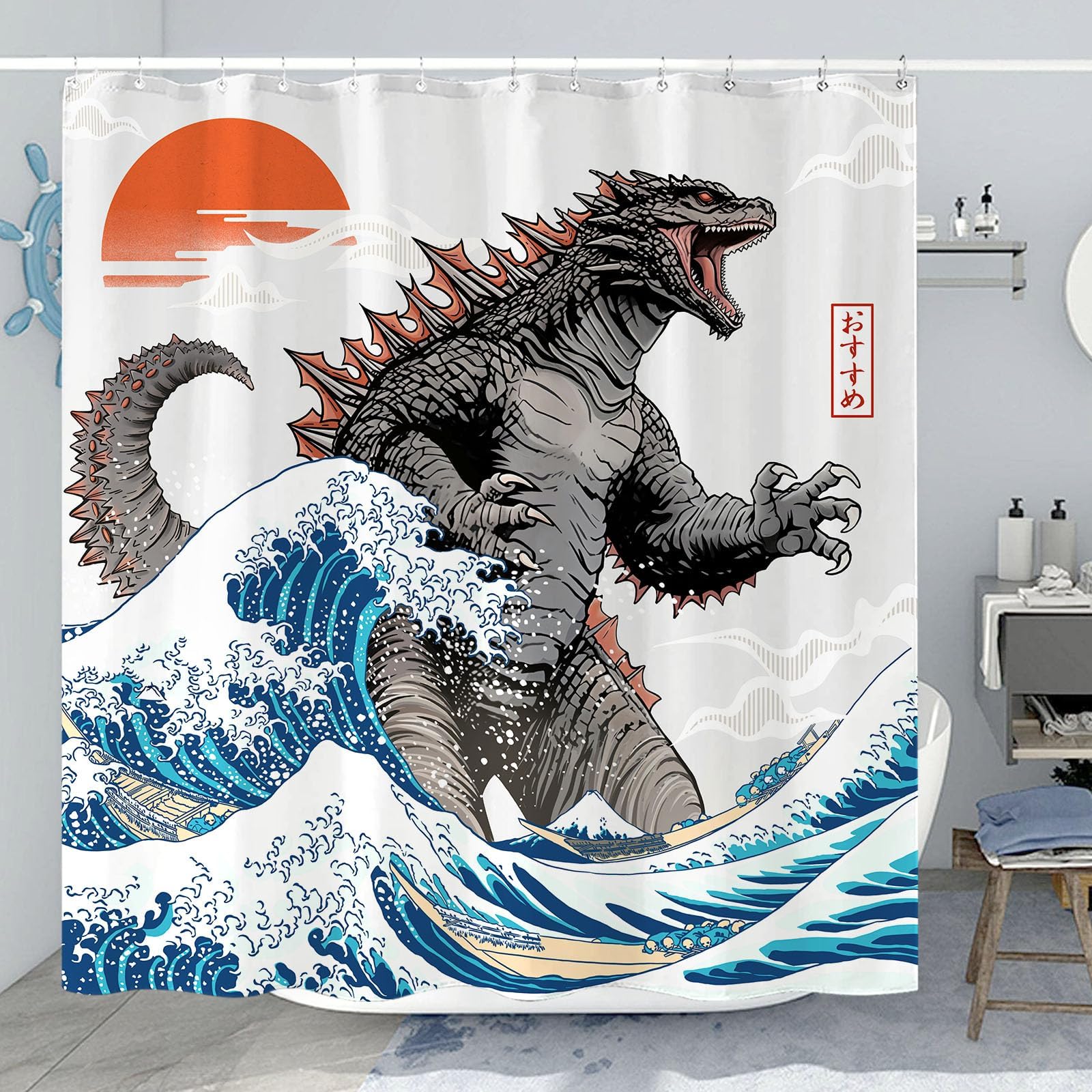 Wegklazax Dinosaur Shower Curtain, 72"x72", Polyester, Japanese Monster, Includes 12 Hooks, Funny Ocean Wave Design
