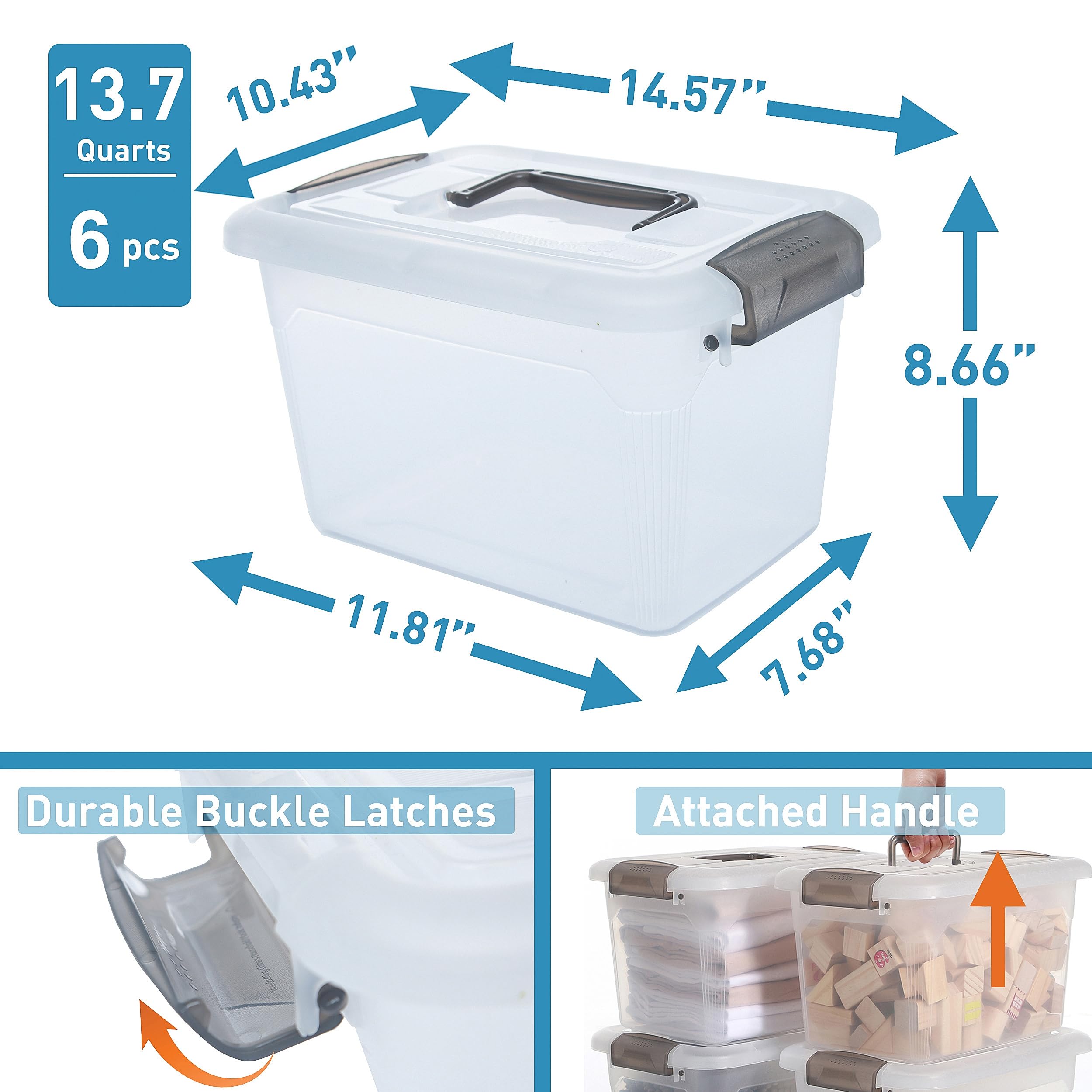 Citylife 6 Packs 13.7 Qt Storage Bins With Lids Clear Plastic Bins With Grey Handle Stackable Storage Containers For Organizing